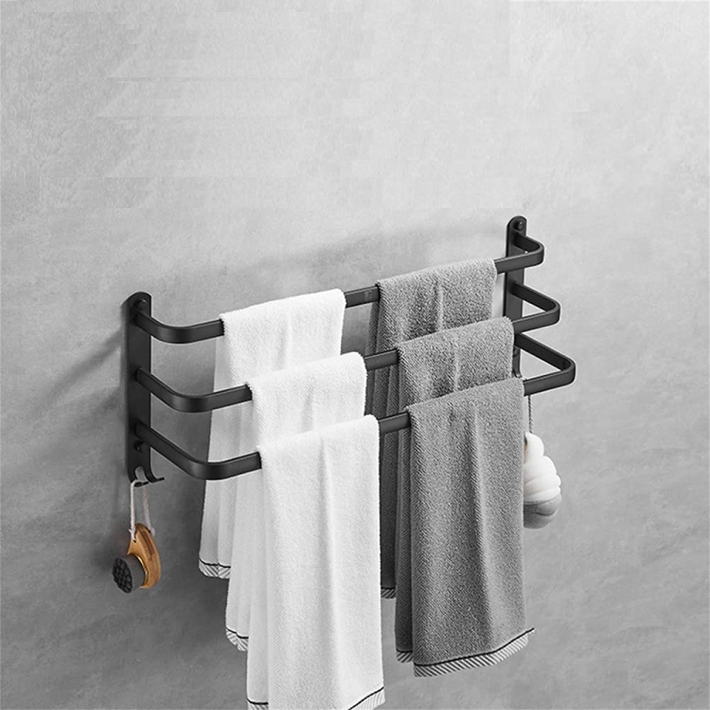 No Drill Black Aluminum Towel Rack - Wall Mounted Double/Triple Bar Bathroom Towel Holder with Hook - 16 Inch (40cm) Bath Towel Rail for Spa, Hotel & Home Decor