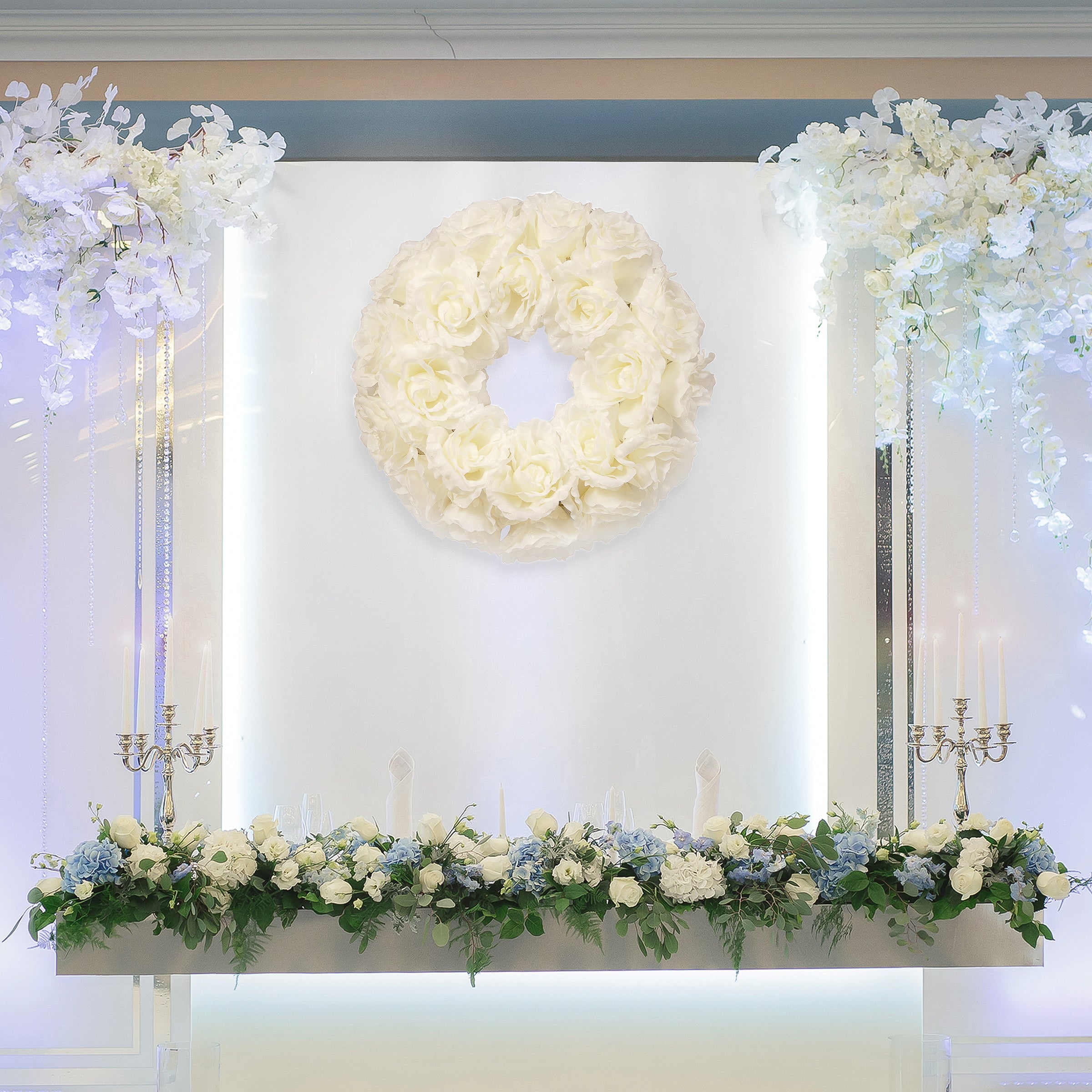 17 Inch Glittered White Rose Wreath - Elegant Floral Door Decor for Christmas, Weddings & Home Decoration