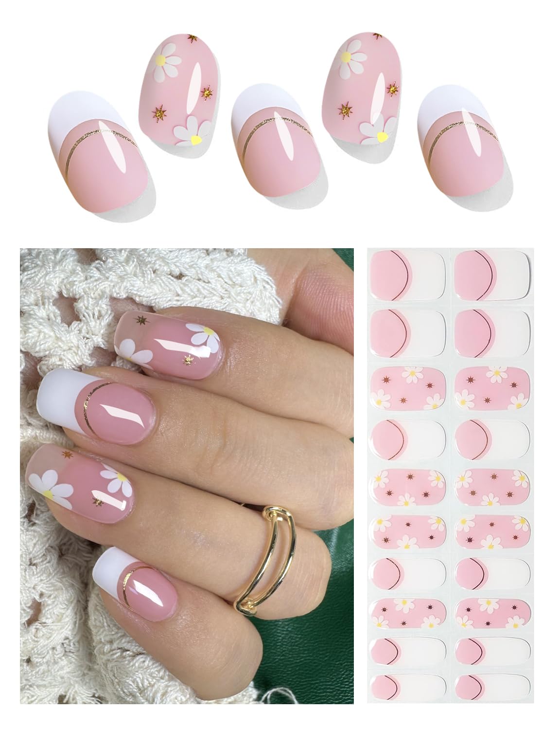 Semi Cured Gel Nail Strips 20pcs - French Pink Flower Design | DIY UV Gel Nail Wraps for Home Manicure | Perfect for Parties, Weddings & Everyday Nail Art