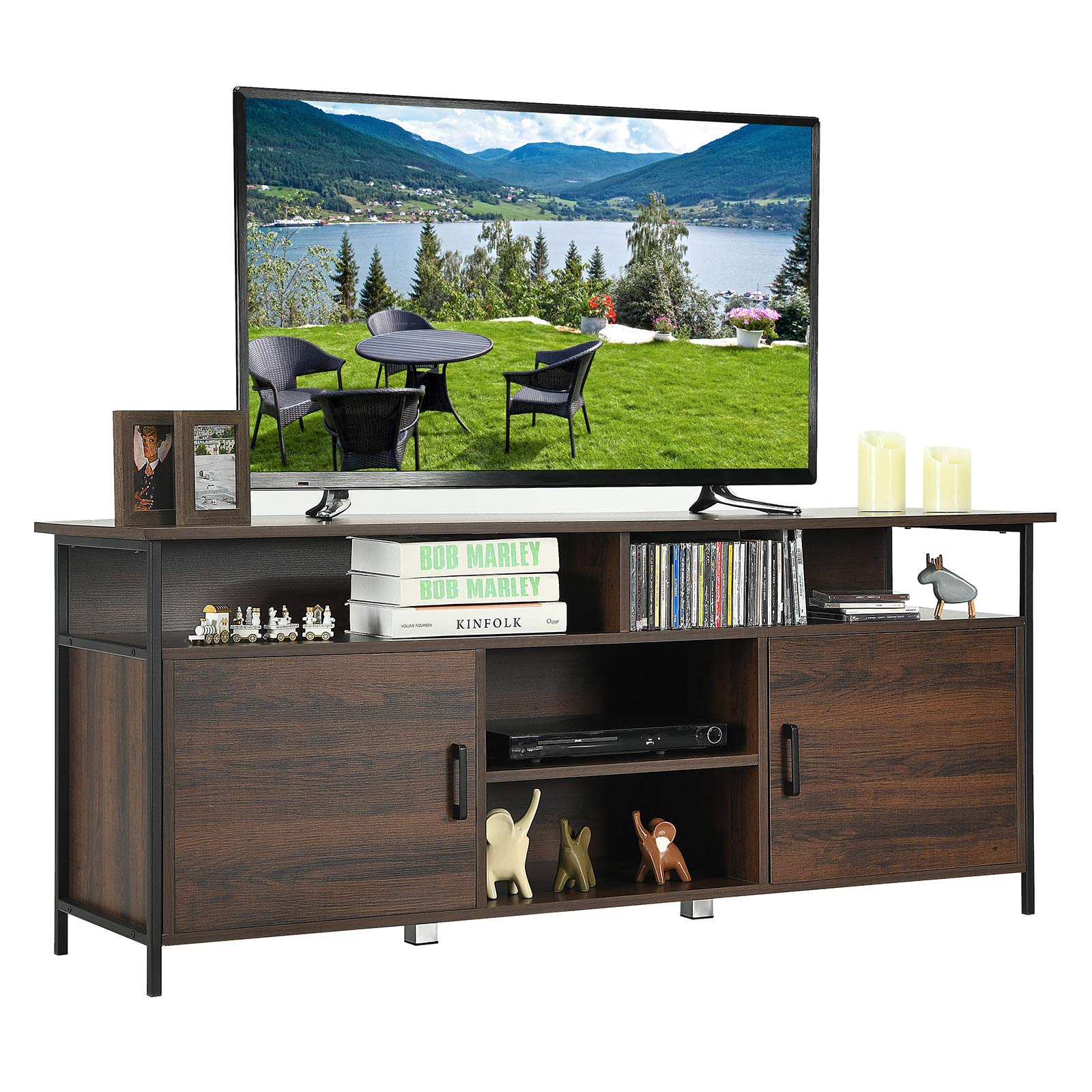 Tangkula 65 Inch TV Stand - Industrial Farmhouse Rustic TV Console with 3 Adjustable Shelves & Cable Management - Solid Wood Media Cabinet for Living Room (Walnut) - Perfect for Home Theater & Entertainment Setup
