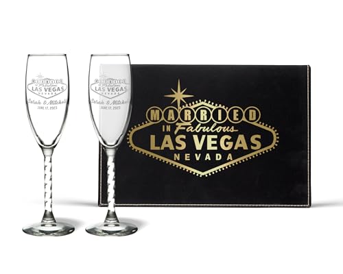 Personalized Engraved Las Vegas Wedding Champagne Glasses - Twisted Stem Couples' Anniversary Gift Set with Keepsake Box | Romantic Toasting Glasses for Vegas-Themed Weddings, Anniversaries & Honeymoons