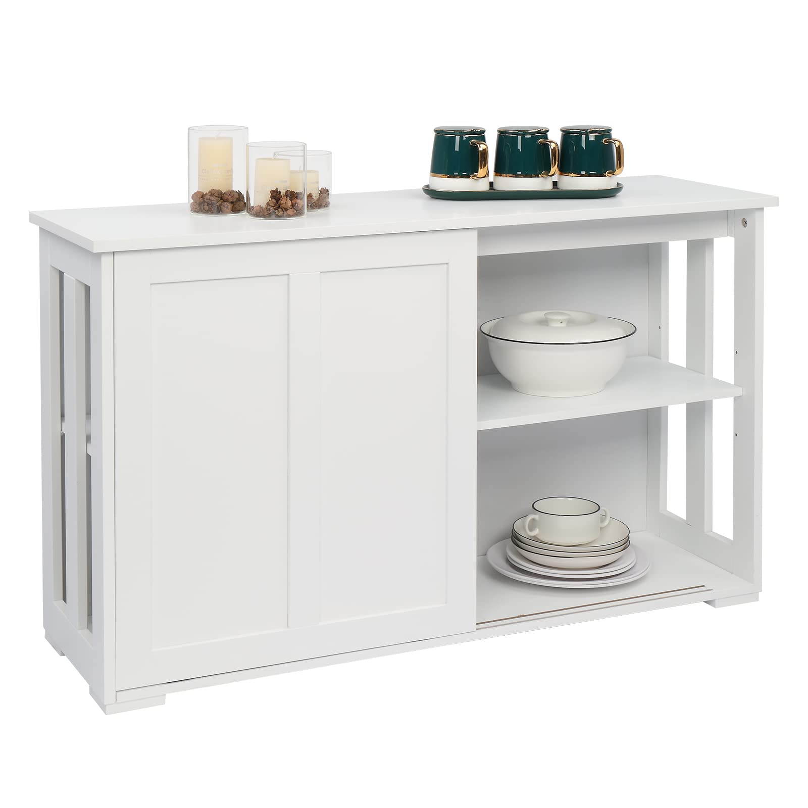 BCGUANG Modern Double Sliding Door Buffet Cabinet with Storage - White Kitchen Sideboard for Dining Room, Living Room & Entryway | Space-Saving Storage Solution for Dishes, Linens & Home Decor