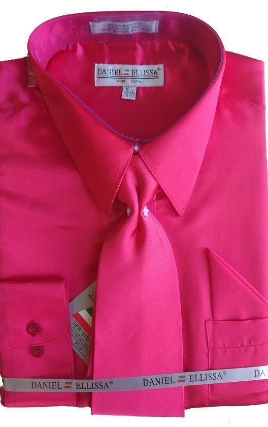 Fuchsia Satin Dress Shirt Set with Matching Tie & Pocket Square - Formal Wear for Weddings, Business Meetings & Special Occasions