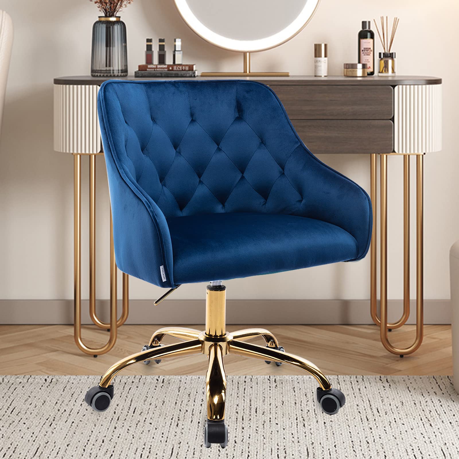 Yoluckea Modern Velvet Office Chair - Adjustable Swivel Desk Chair with Padded Seat for Home Office, Living Room & Vanity | Ergonomic Executive Task Chair for Adults (Navy Blue) | Perfect for Remote Work, Gaming & Study Sessions