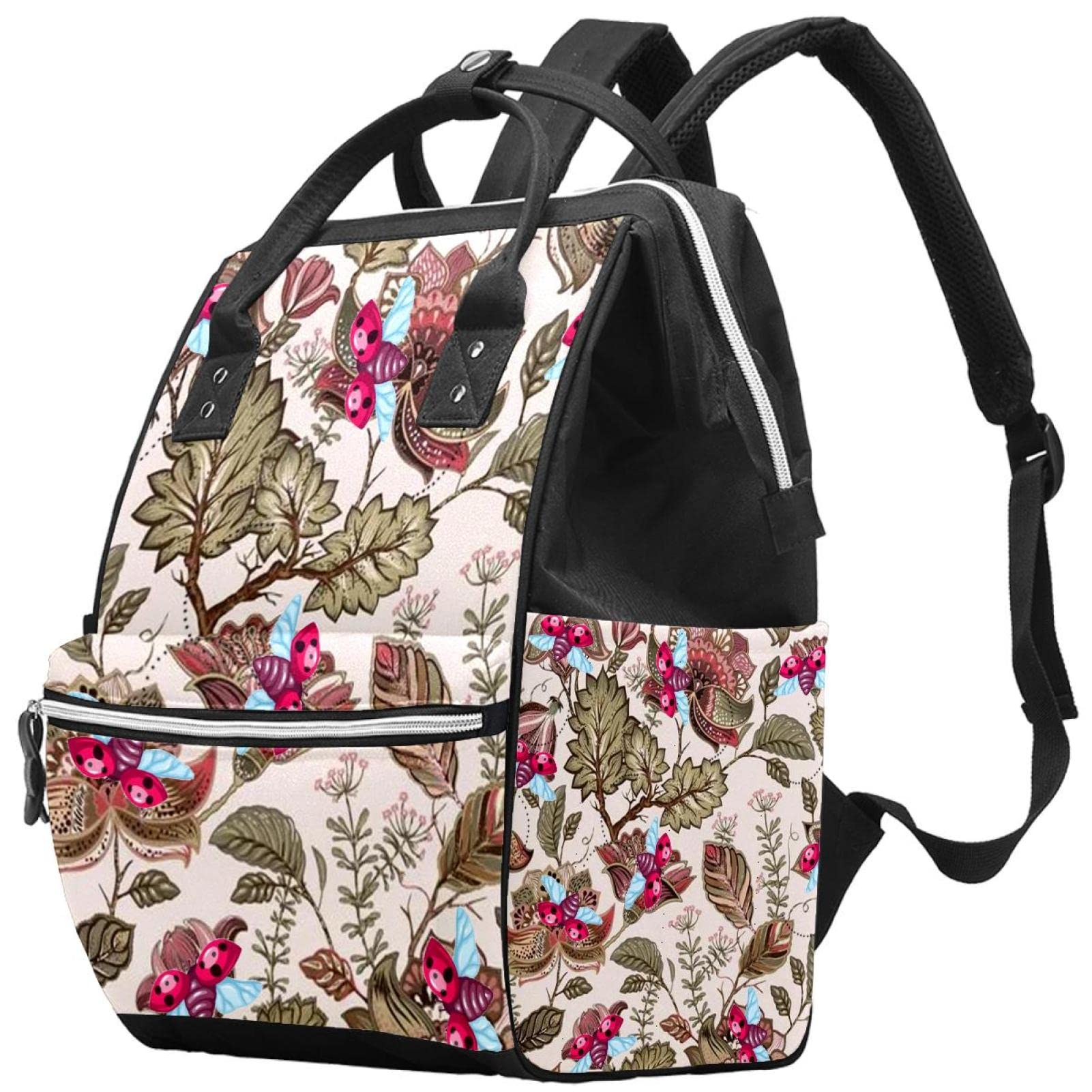 LORVIES Ladybugs and Floral Leaf Diaper Bag Backpack - Large Capacity Multi-Function Baby Travel Backpack for Moms, Perfect for Daycare, Outings & Family Trips
