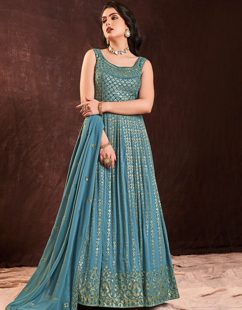Elegant Blue Georgette Anarkali Dress for Women - Party Wear, Wedding Guest Outfit, Festive Occasions