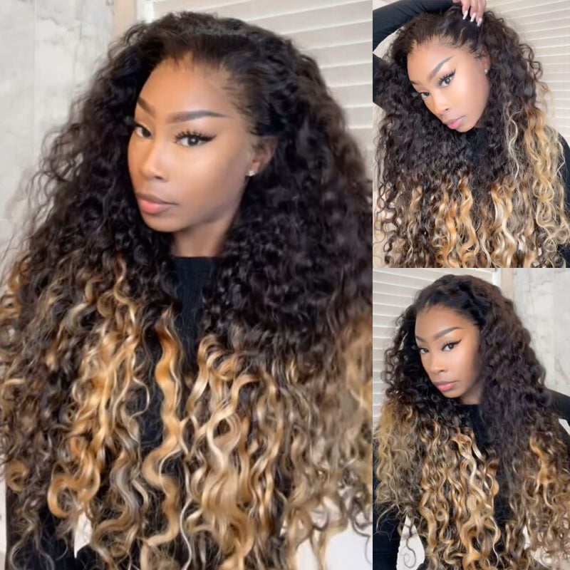 Eullair Ombre 1B Honey Blonde Water Wave Glueless Lace Frontal Wig - HD Lace Pre-Colored Two-Tone Curly Human Hair Wig - Easy Install & Low Maintenance (EW004) - Perfect for Daily Wear, Cosplay & Special Occasions