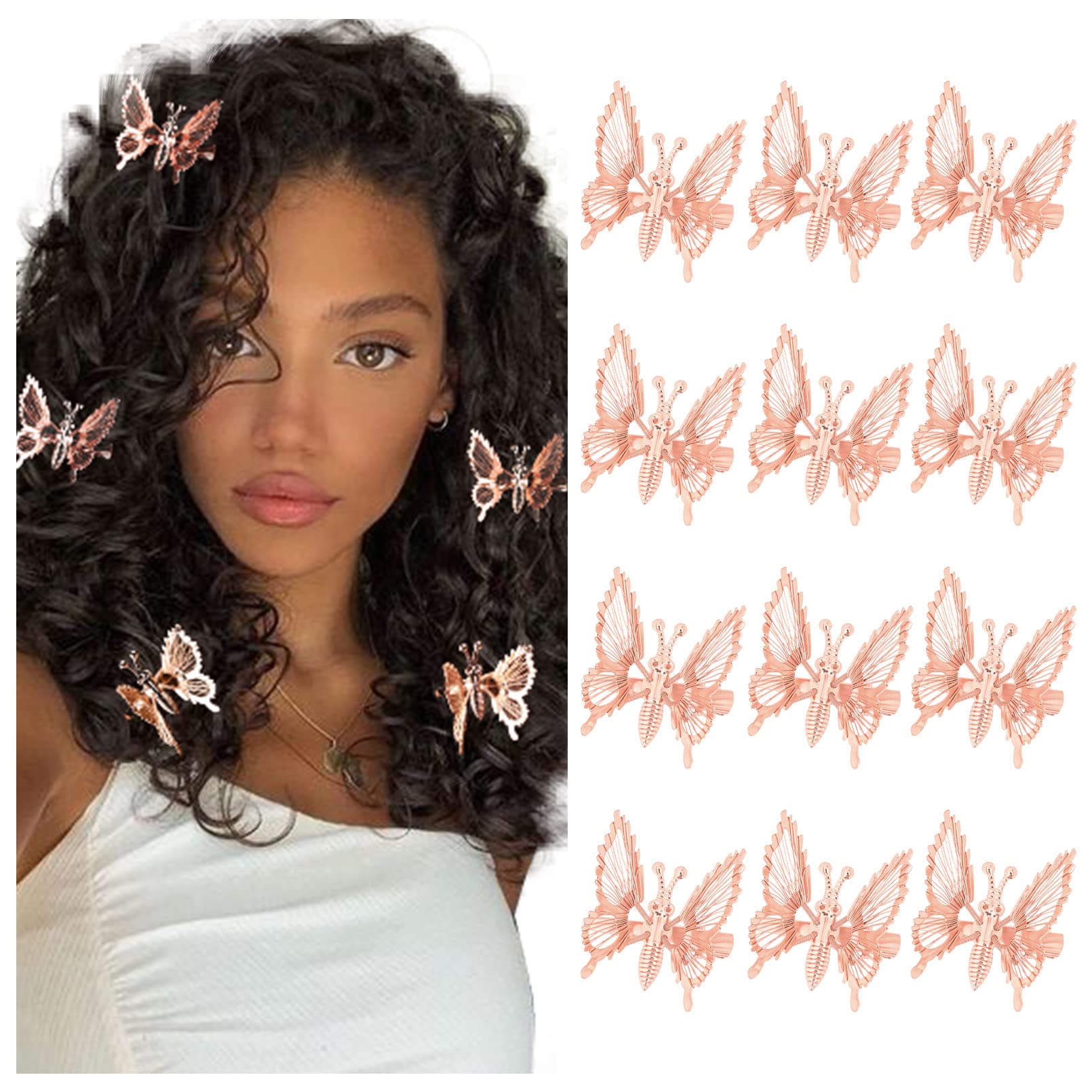 DEEKA 12 PCS 3D Metal Gold Butterfly Hair Clips with Moving Wings - Vintage 90s Hair Barrettes for Women and Girls (Rose Gold) - Perfect for Parties, Weddings, and Everyday Styling