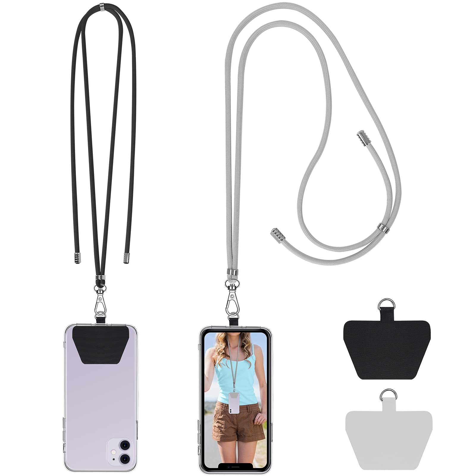 Adjustable Detachable Phone Lanyard Neck Strap with 2 Phone Patches - Compatible with Most Smartphones (Black+Gray) - Perfect for Work, Travel, and Outdoor Activities
