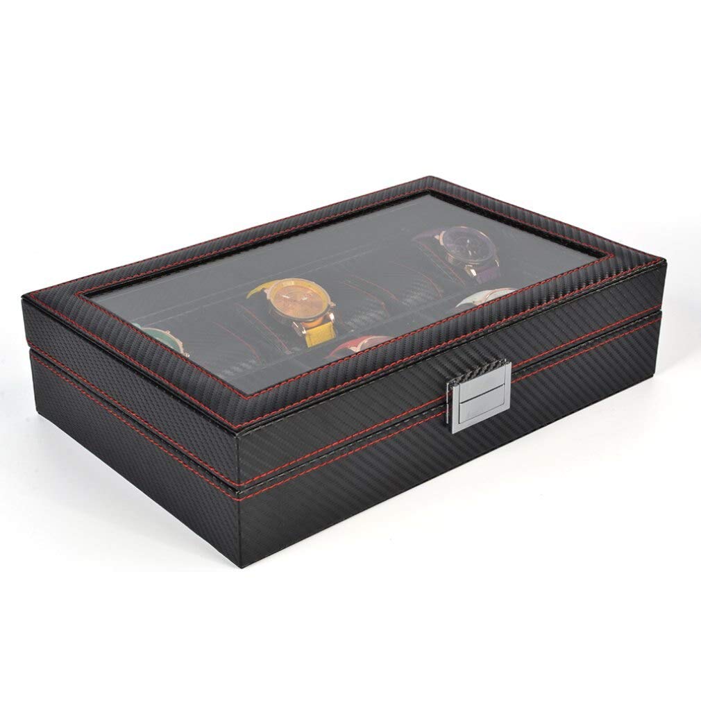 Premium Carbon Fiber Watch Box - 12 Grids Luxury Watch Storage Case with Display Tray & Zipper for Travel, Jewelry, and Watch Collection (Black) - Perfect for Home Display, Travel Protection, and Watch Enthusiast Gift
