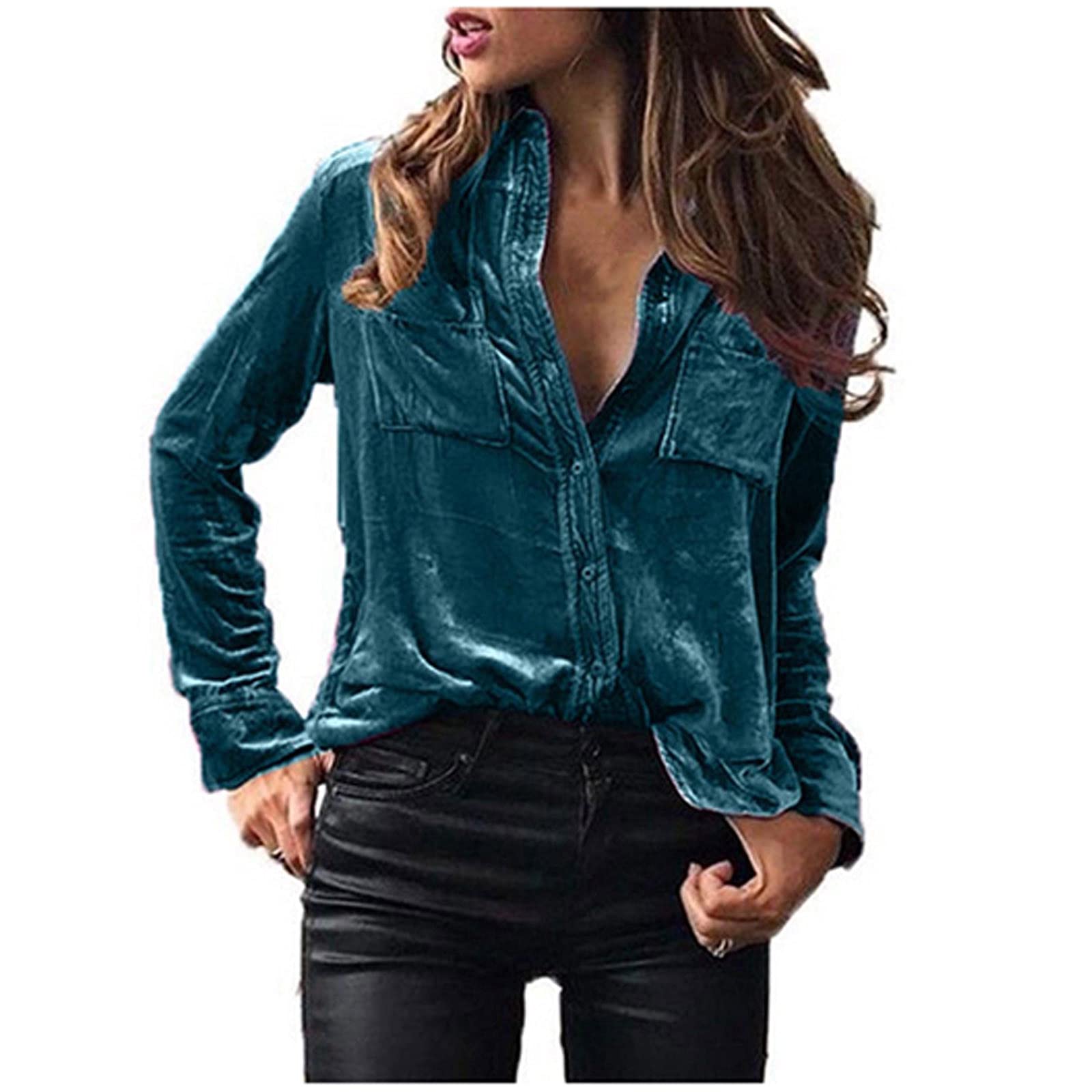 Retro Velvet Blouse for Women - Long Sleeve Button Down Shirt, Solid Color Velvet Top, Elegant Fall Fashion Tops for Work, Date Night & Holiday Parties