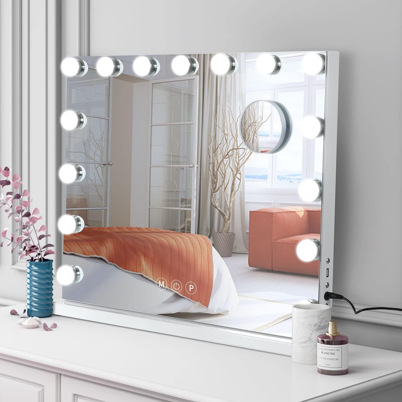 NAIMP Hollywood Vanity Mirror with 15 LED Lights - Large Dimmable Touch Makeup Mirror with USB Charging Port, Wall Mount or Desktop Vanity Mirror for Women (White) - Perfect for Home Makeup Station, Beauty Salon & Dressing Room