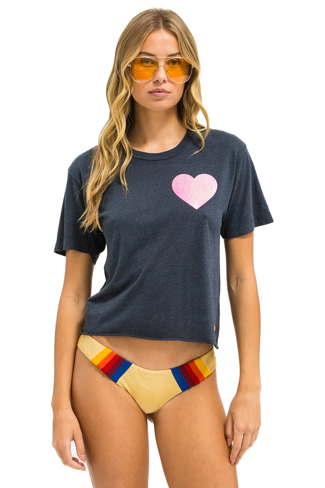 Aviator Nation Glitter Heart Boyfriend Tee - Charcoal & Neon Pink | Trendy Graphic T-Shirt for Women, Casual Wear, Music Festivals & Street Style