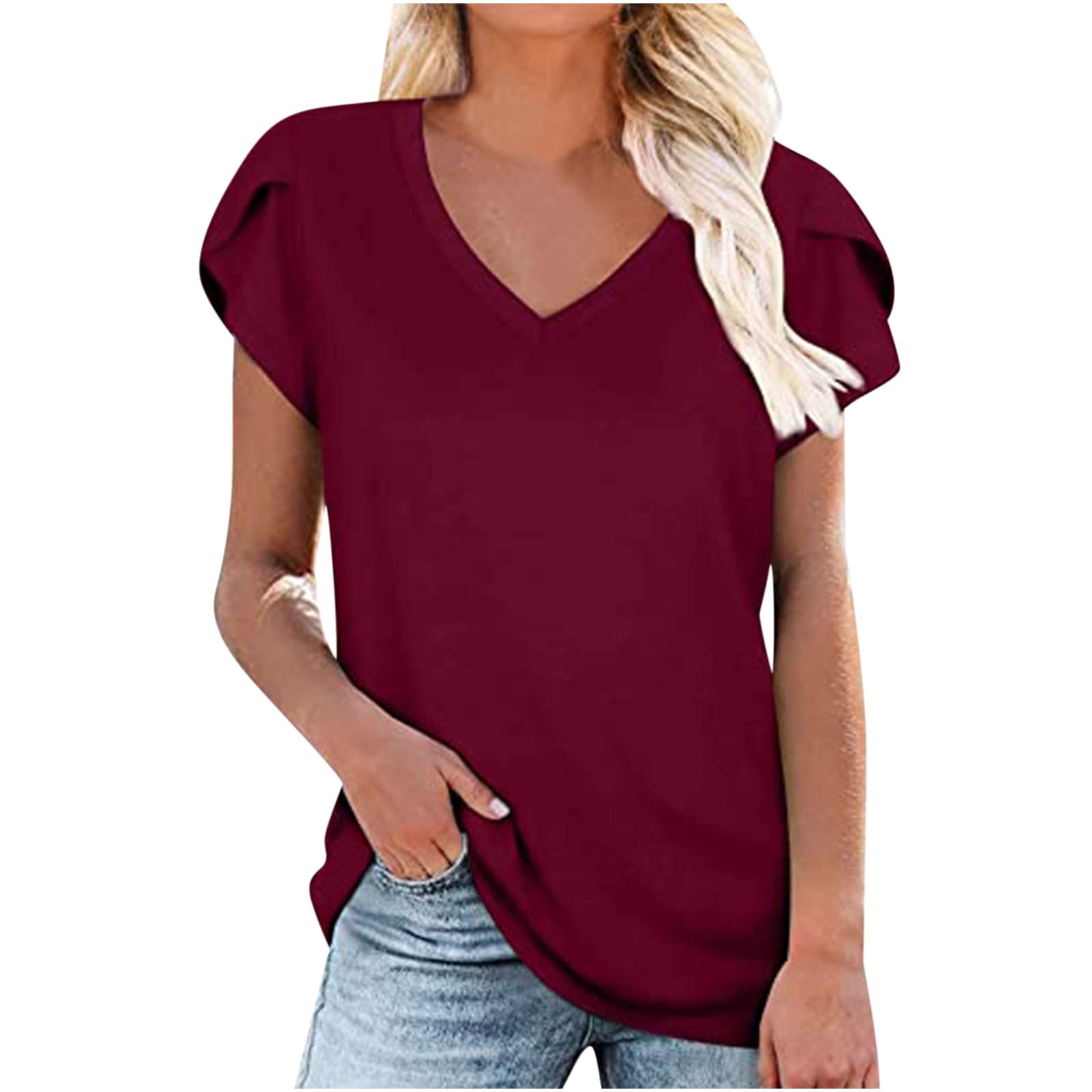 RHWHOGLL Women's Chiffon Blouse - Loose Fit V-Neck Ruffle Short Sleeve Top | Elegant Solid Color Dressy Casual Shirt for Work, Date Night & Summer Outfits