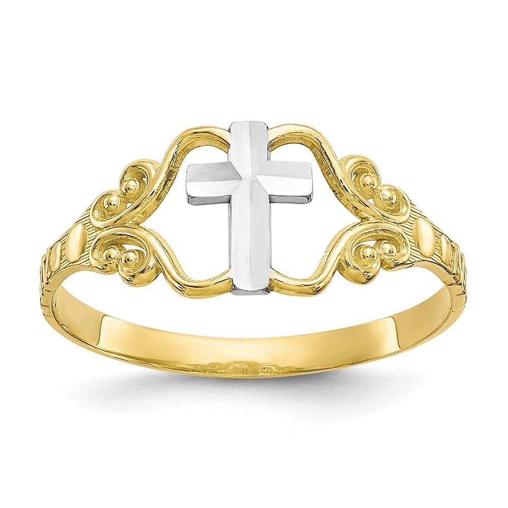 10K Gold & Rhodium Plated Cross Ring for Women - Elegant Religious Jewelry Gift for Christmas, Baptism & Everyday Wear