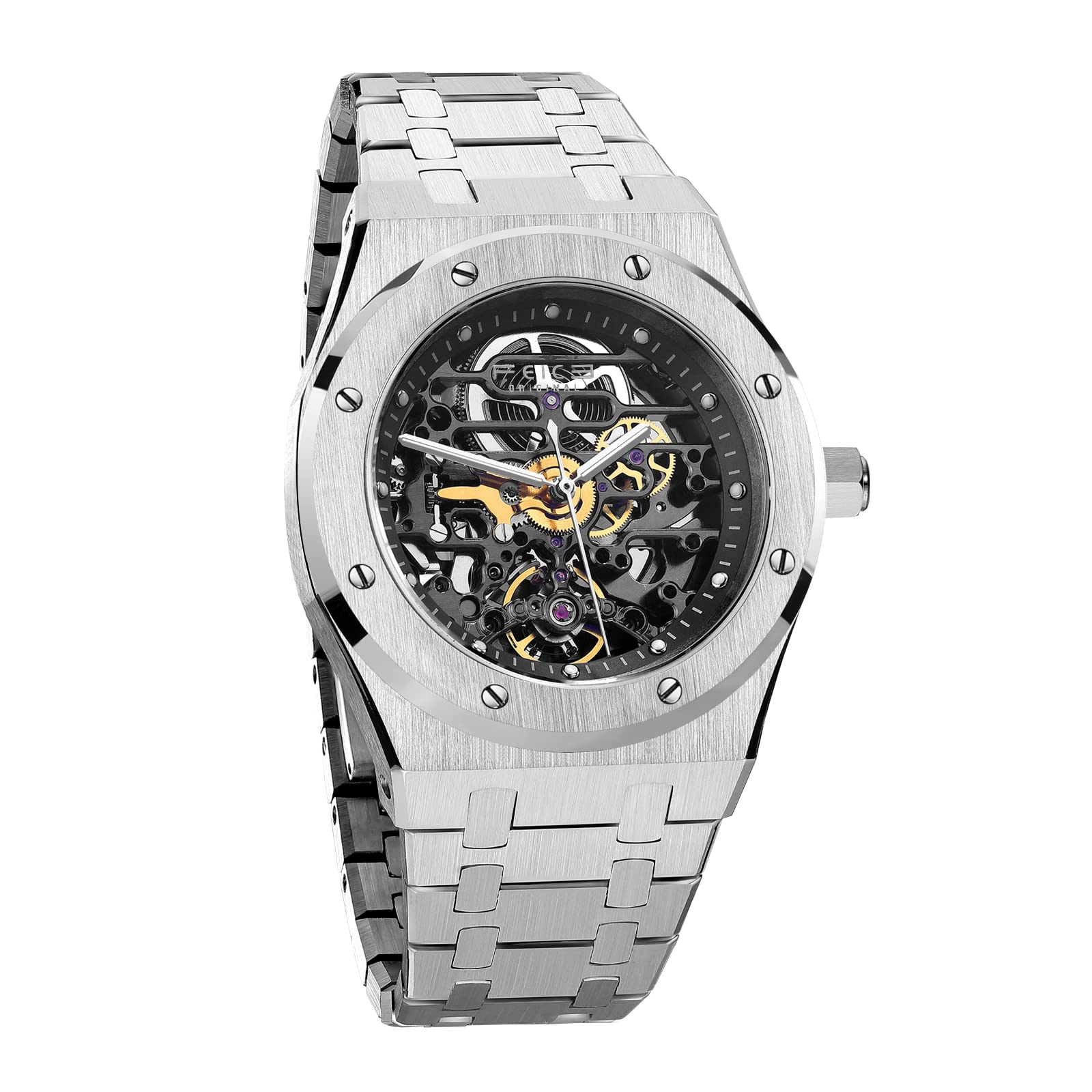 FEICE Men's Skeleton Automatic Watch - Luminous Mechanical Wristwatch with Sapphire Crystal, Waterproof 50M, Silver Stainless Steel (M019) | Perfect for Business, Casual Wear & Nighttime Visibility