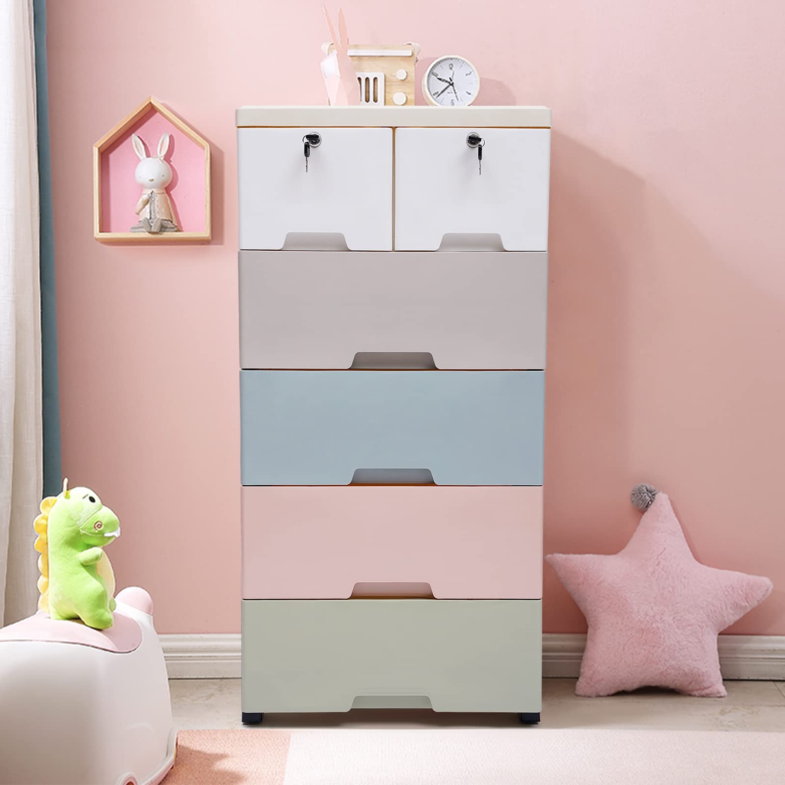 Colorful 6-Drawer Plastic Dresser with Wheels & Locks - Kids Closet Organizer for Playroom & Bedroom