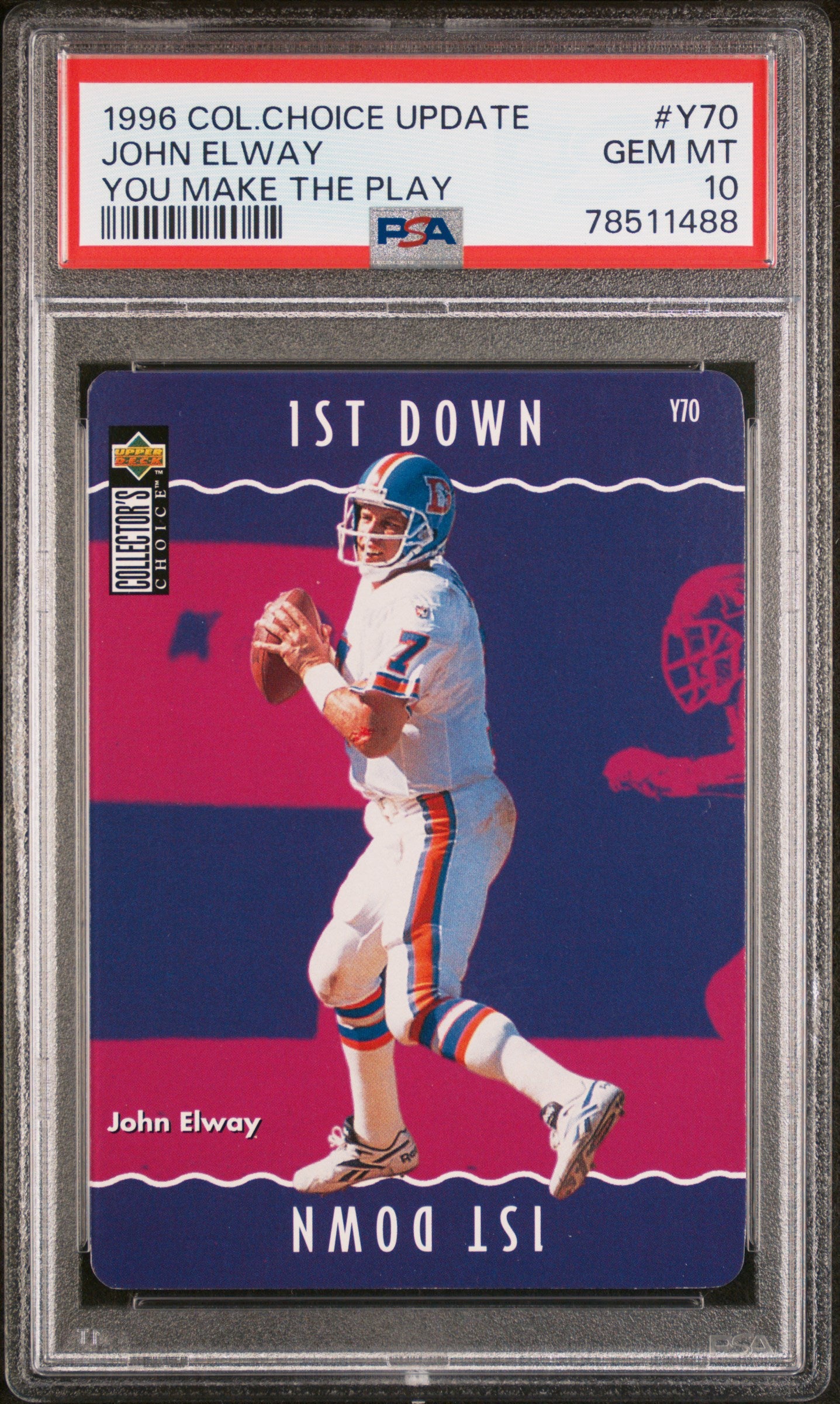 1996 Collector's Choice Update You Make The Play John Elway #Y70 PSA 10 Gem Mint Football Card - Rare Collectible for Sports Memorabilia Fans & Denver Broncos Enthusiasts - Perfect for Display, Investment, or Gift Giving
