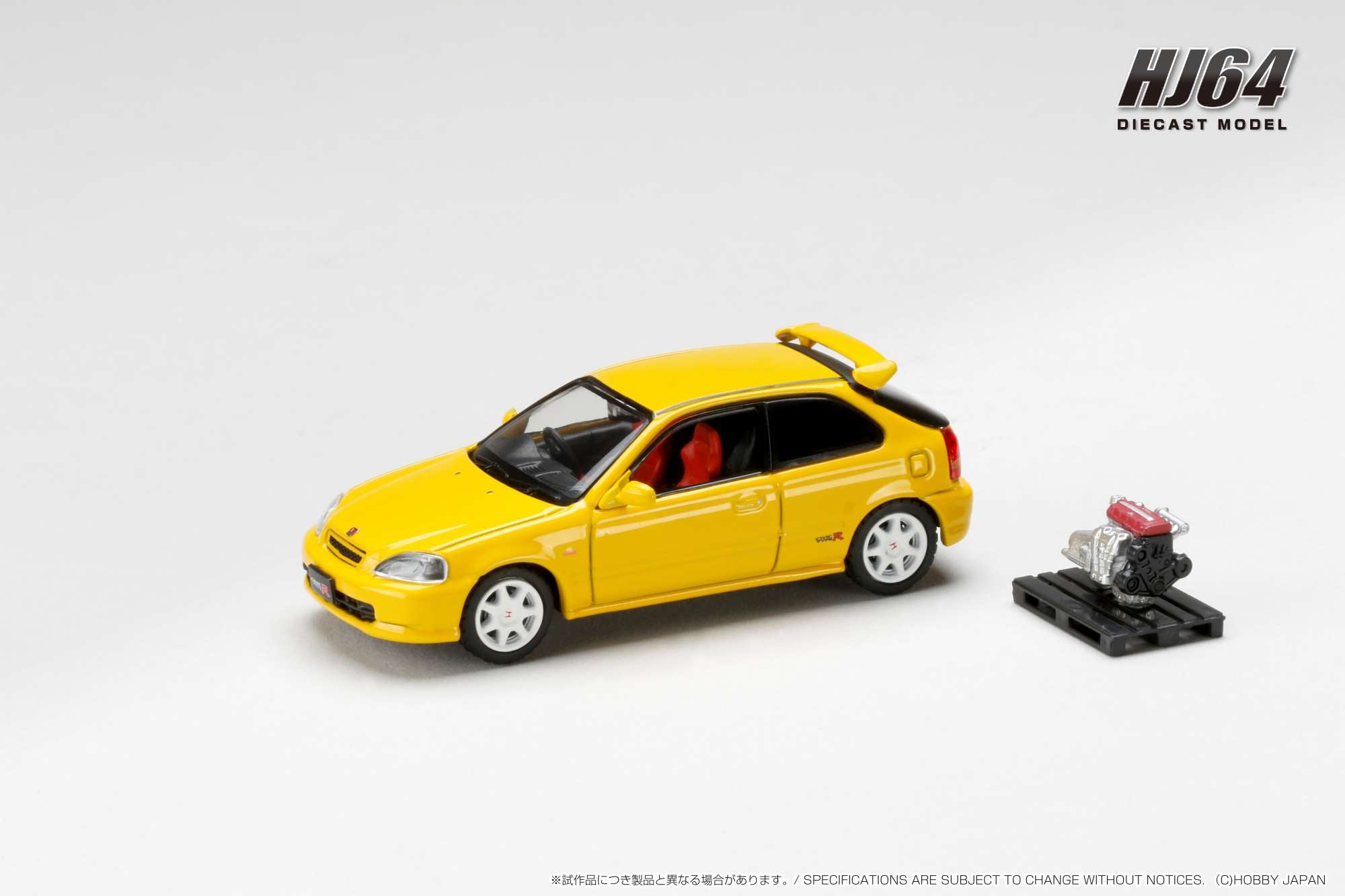 1:64 Honda Civic Type R (EK9) Early Version Diecast Model Car - Sunlight Yellow with Detailed Engine Display | Collectible Toy for Car Enthusiasts & Hobbyists | Perfect for Display, Gifts & Racing Scenes