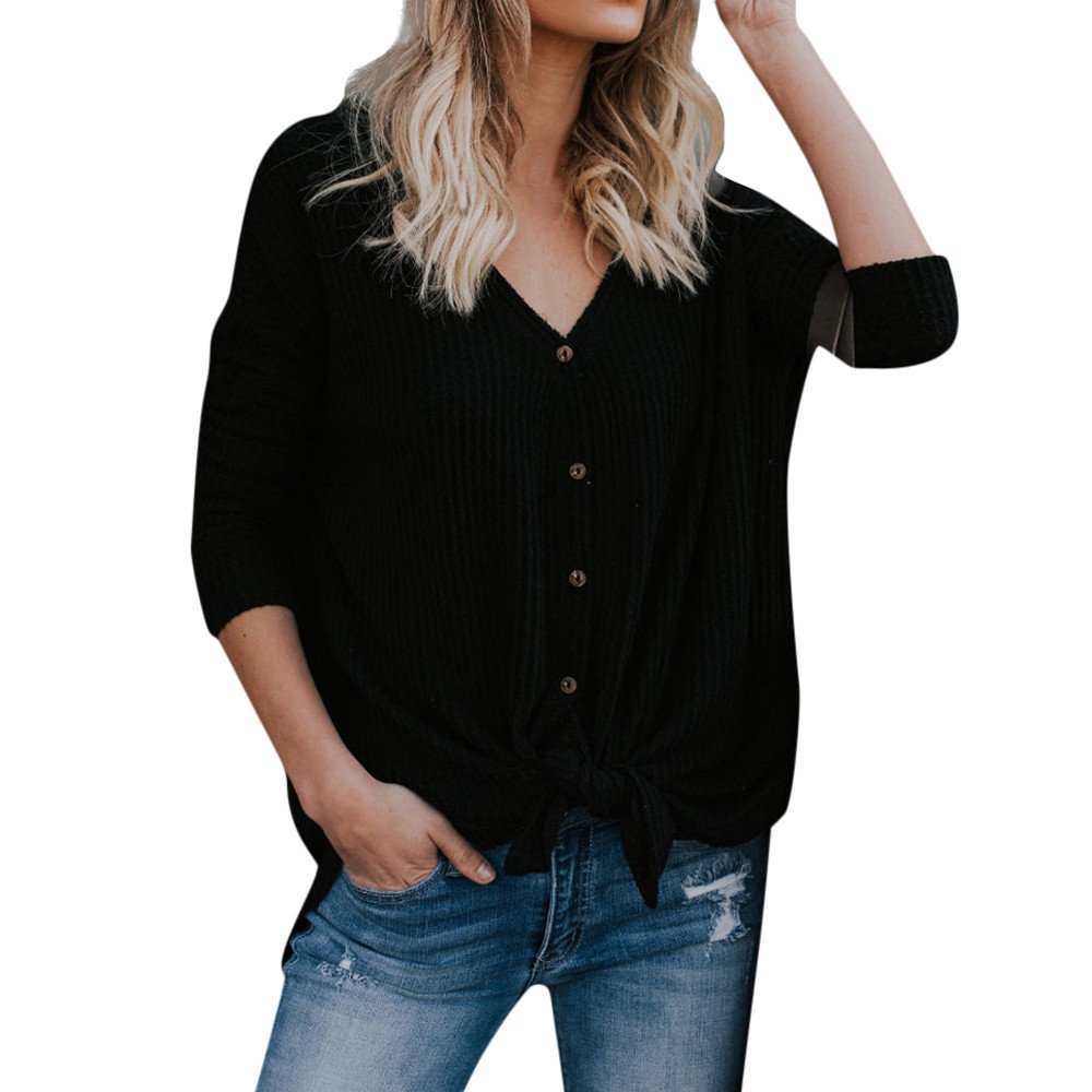 Women's Button Cardigan Sweater - Waffle Knit Tunic Blouse with Tie Knot Henley Top, Loose Fit Batwing Long Sleeve Shirt | Perfect for Office Wear, Casual Outfits & Fall Layering