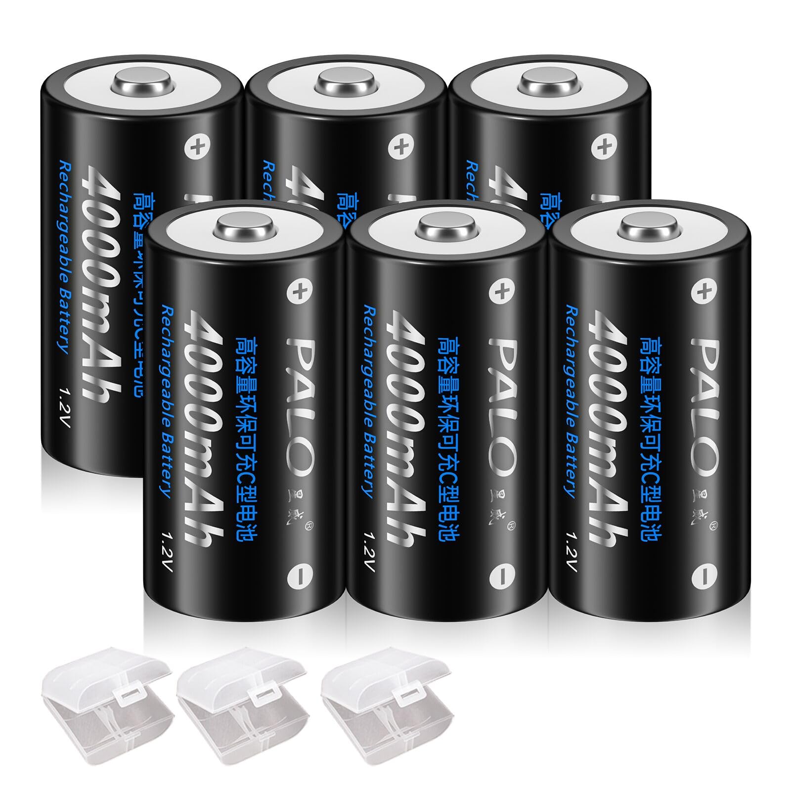 Rechargeable C Batteries Ni-MH 1.2V 4000mAh High Capacity - 6 Pack with Storage Case - Perfect for Flashlights, Toys, Clocks & Emergency Devices