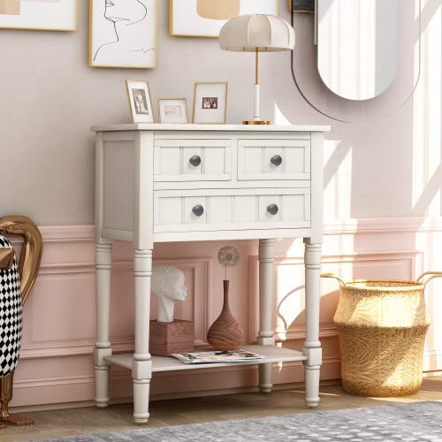 Baysitone Narrow Console Table with Storage - 3 Drawers & Bottom Shelf, Rustic Wood Sofa Table for Entryway & Living Room, Easy Assembly, Cream White - Perfect for Hallway Decor, Small Space Organizer & Farmhouse Style Home