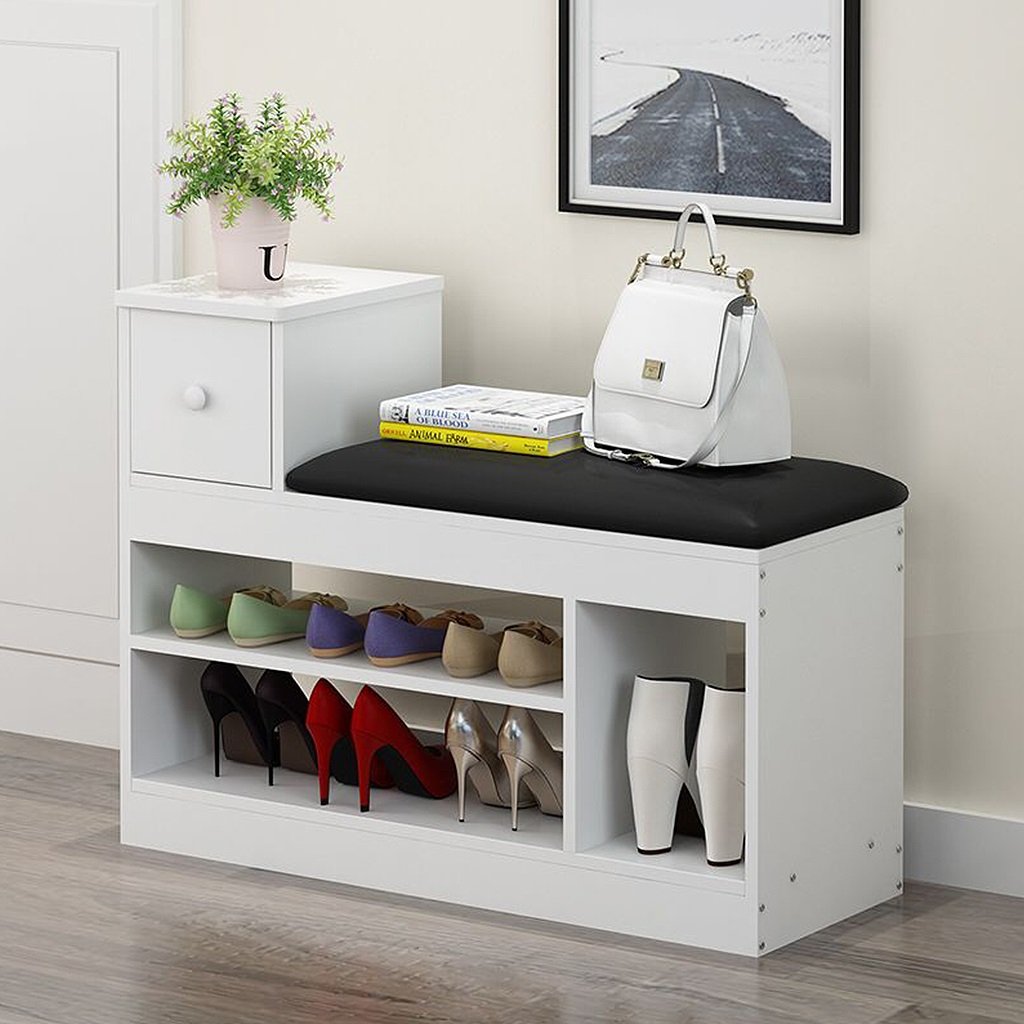 Modern White MDF Shoe Rack Bench with Storage Drawer & Black Cushion - 3-Tier Open Shelf Shoe Organizer for Entryway, Hallway & Closet - Over The Door Shoe Cabinet (Large Size) - Perfect for Small Spaces & Shoe Storage Solutions