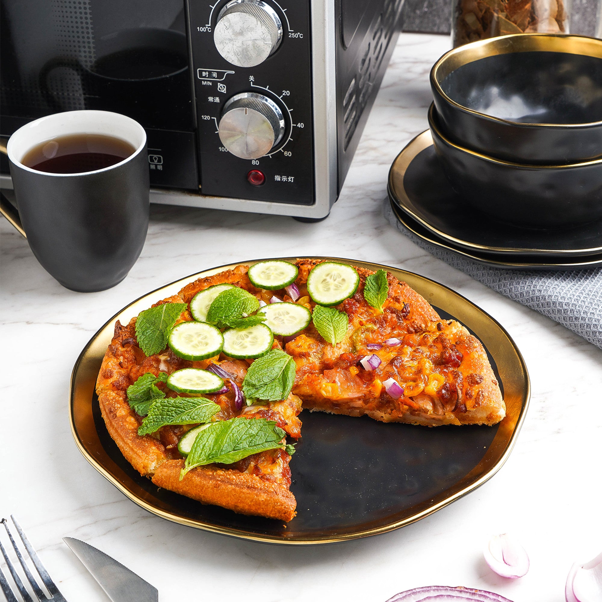 Premium Black Florian Porcelain Dinner Plate Set - Elegant Fine China for Formal Dining, Wedding Registry & Special Occasions