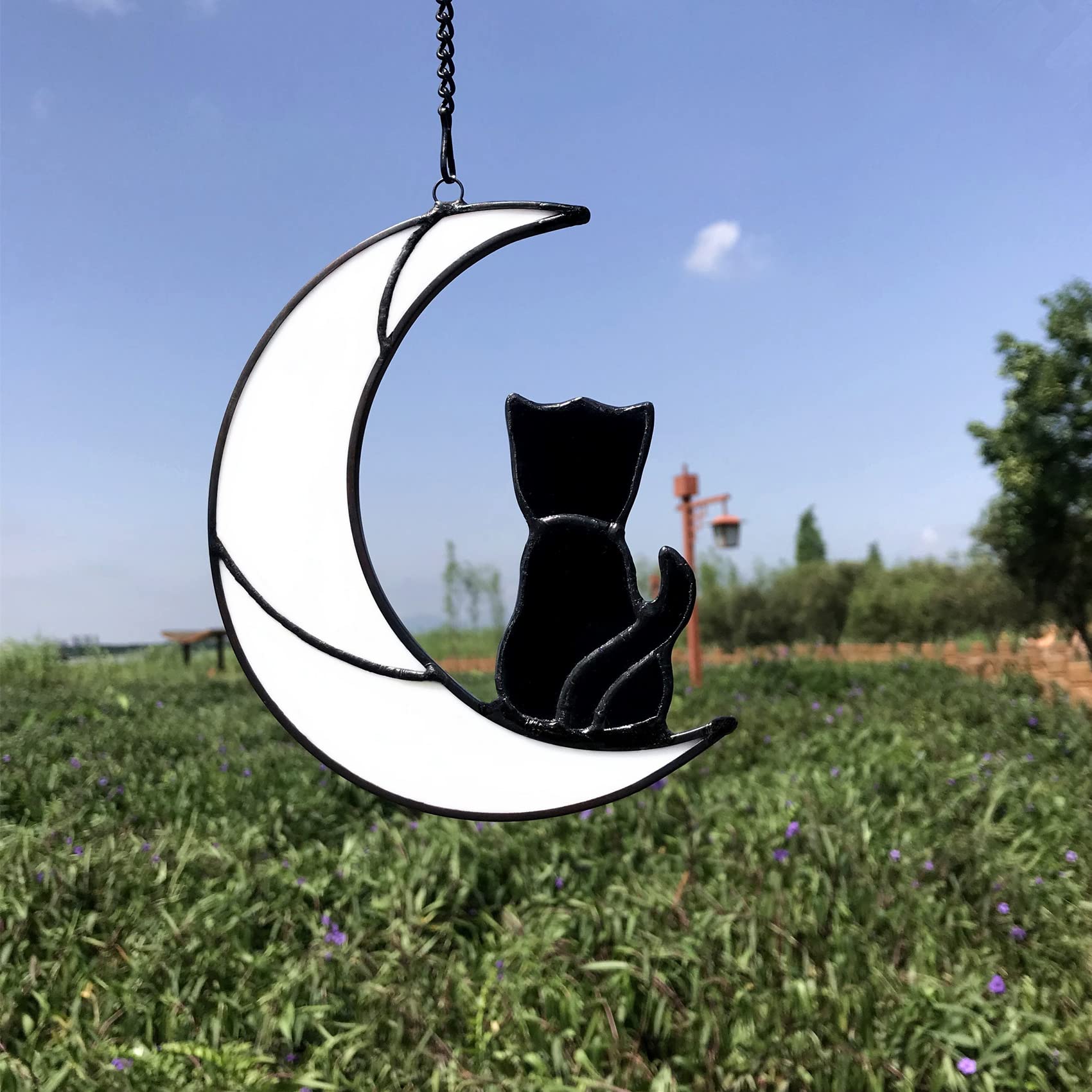 Black Cat on White Moon Stained Glass Window Hanging - Gothic Halloween Decor, Cat Lover Gift, Memorial Keepsake - Perfect for Home Decor, Window Display & Halloween Party Decoration