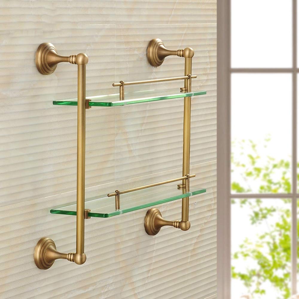Antique Copper Wall-Mounted Bathroom Corner Shelf - Dual Tier Glass Shampoo & Soap Storage Rack with Protection Bar - Perfect for Small Bathrooms, Showers & Toilet Organizers