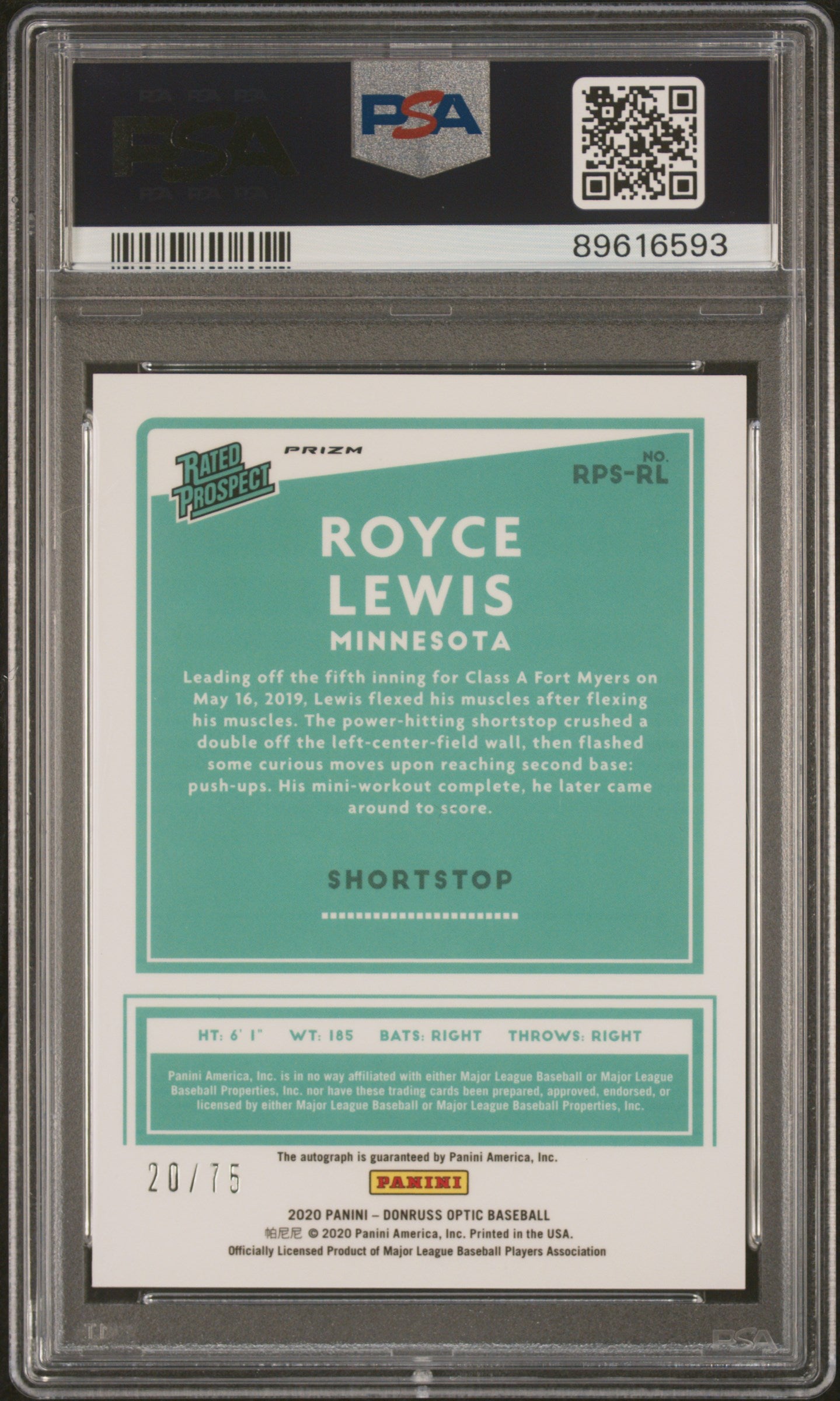 2020 Donruss Optic Rated Prospects Royce Lewis Purple /75 #RPSRL Auto PSA 10 Gem Mint Baseball Card - Perfect for Collectors, Investors & Display Cases