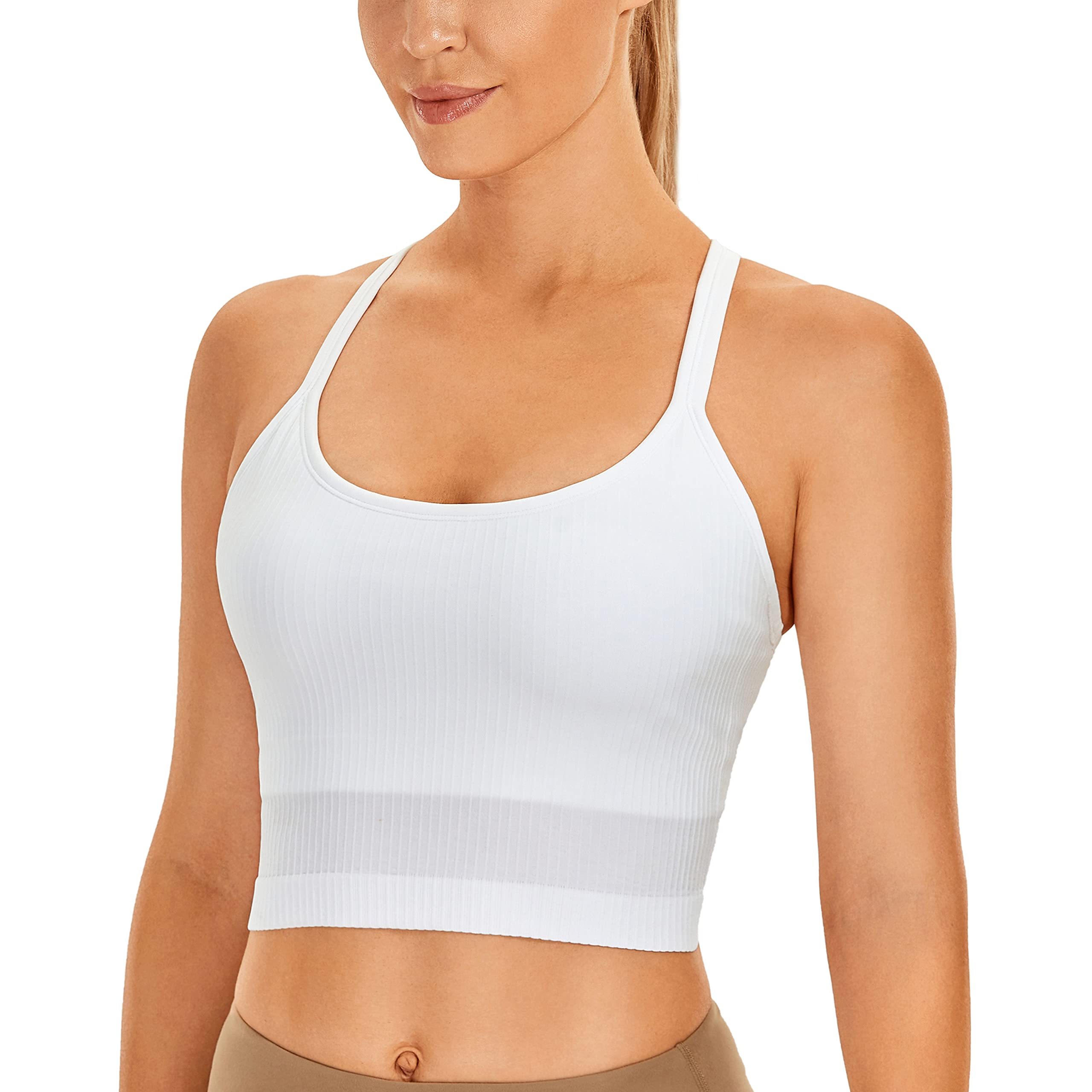 CRZ YOGA Women's Longline Seamless Ribbed Sports Bra - Padded Racerback Yoga Crop Top for Workouts, Running & Gym | High Support Activewear for Fitness & Lounge