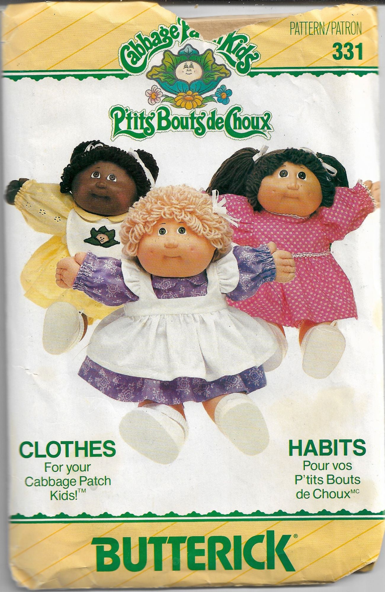 Vintage Butterick 331 Cabbage Patch Kids Doll Dress Panties Pinafore Bib Sewing Pattern 1980s - DIY Costume & Collectible for Doll Clothes Making