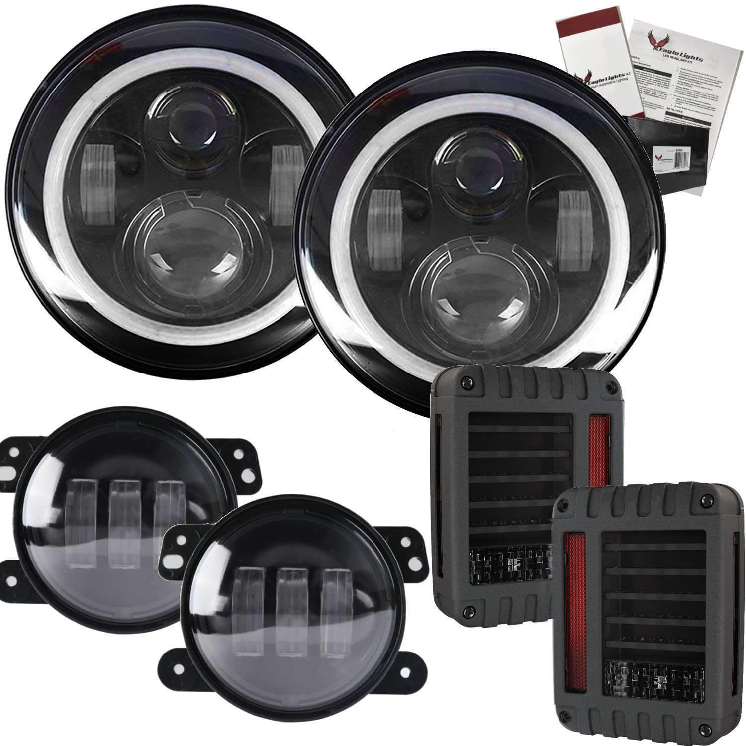 Eagle Lights 7 LED Headlight Kit for Jeep Wrangler & Gladiator - White LED Halo Rings, High Brightness, Plug & Play - Double Pack - Perfect for Off-Roading & Night Driving