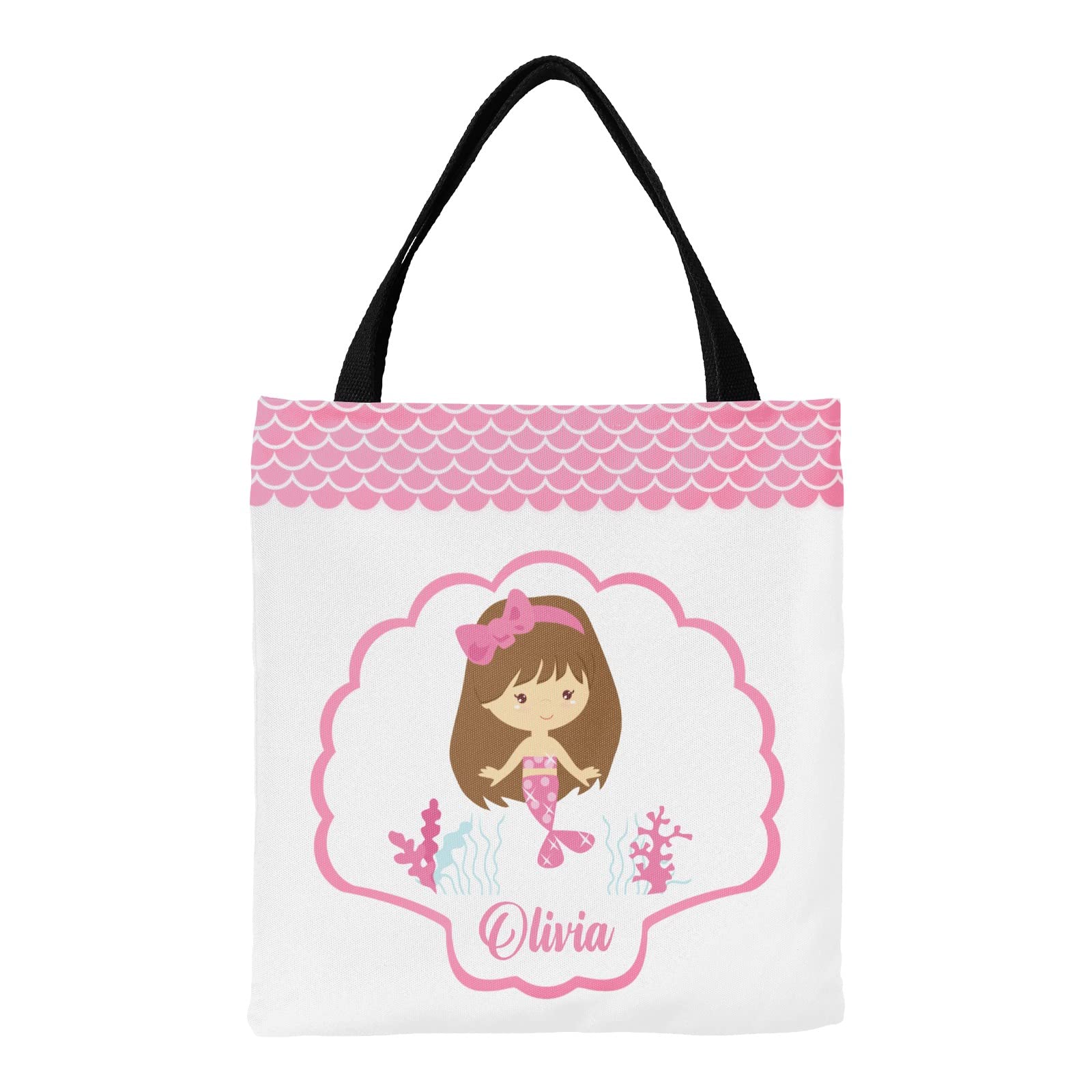 Personalized Mermaid Pink Canvas Tote Bag for Kids - Durable Reusable Shoulder Bag with Handles, Perfect Gift for Birthday & School (Great for Beach Trips, Shopping & Daily Use)