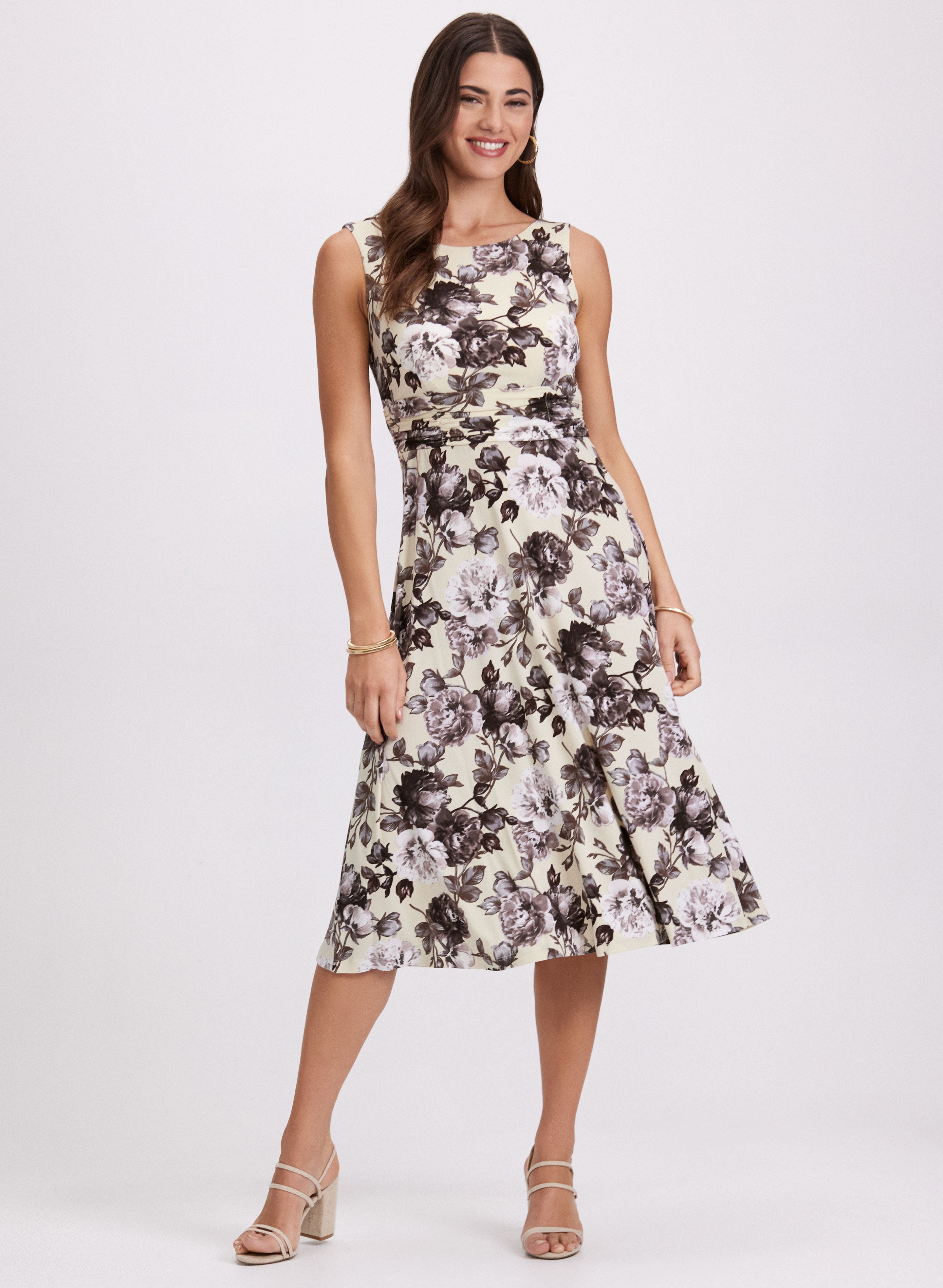 Floral Ruched Waist Dress for Women - Summer Flowy Midi Dress with Elastic Waist - Perfect for Weddings, Parties & Beach Vacations