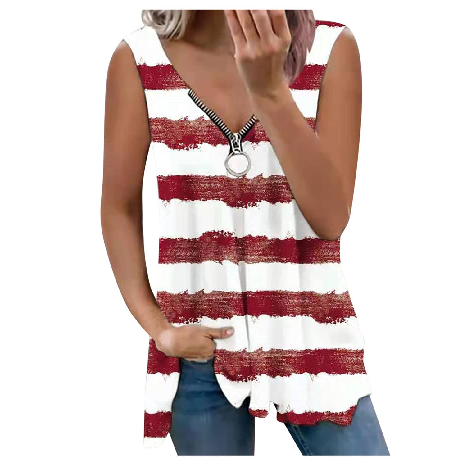 Women's Summer Tie-Dye Striped Sleeveless Tank Top - Loose Fit Zip-Up Casual Shirt for Women | Perfect for Beach Outings, Music Festivals & Summer Vacations