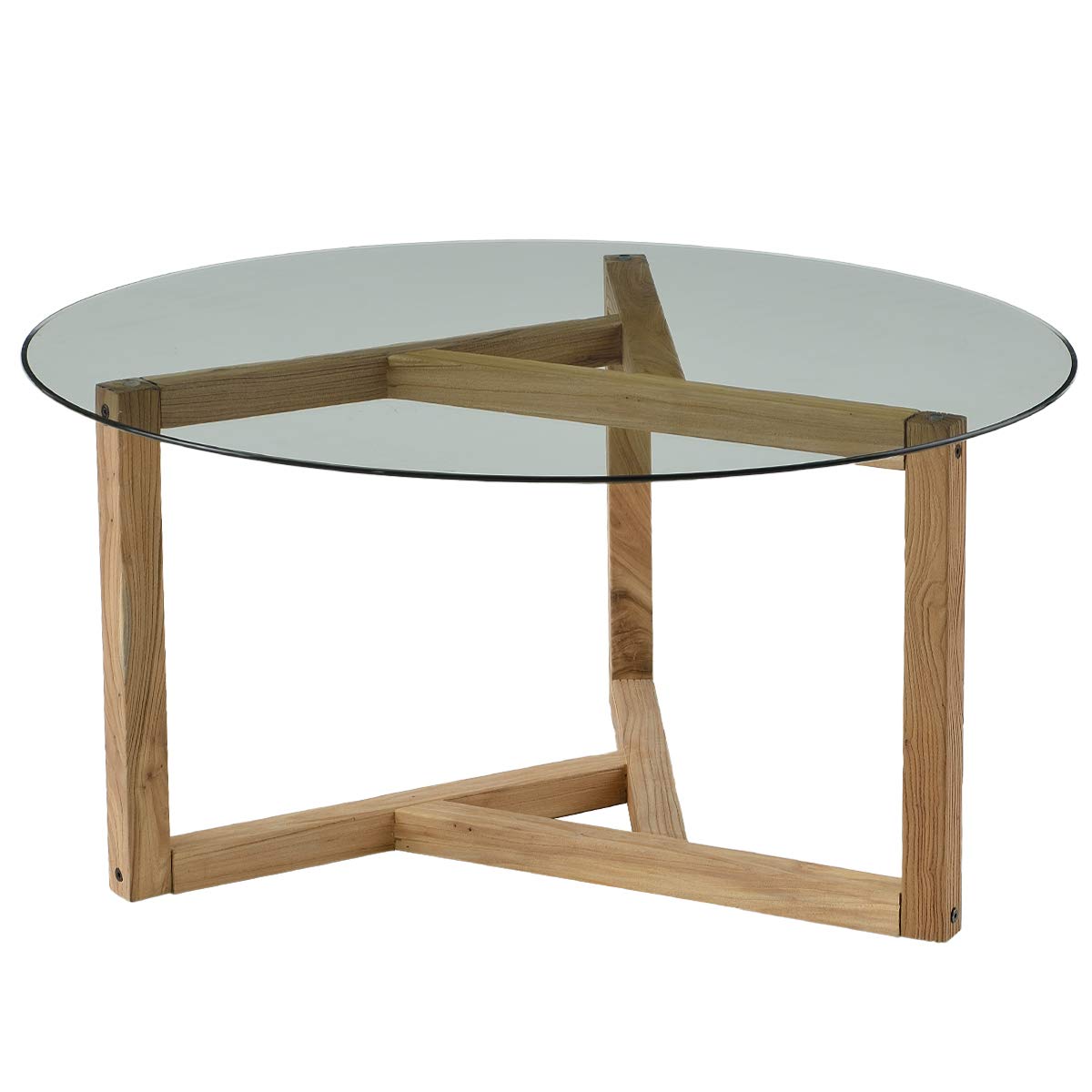 Modern Round Glass Coffee Table with Tempered Glass Top & Sturdy Oak Wood Base - Easy Assembly Cocktail Sofa Table for Living Room, Lounge, or Office - Perfect for Entertaining Guests or Relaxing with Family