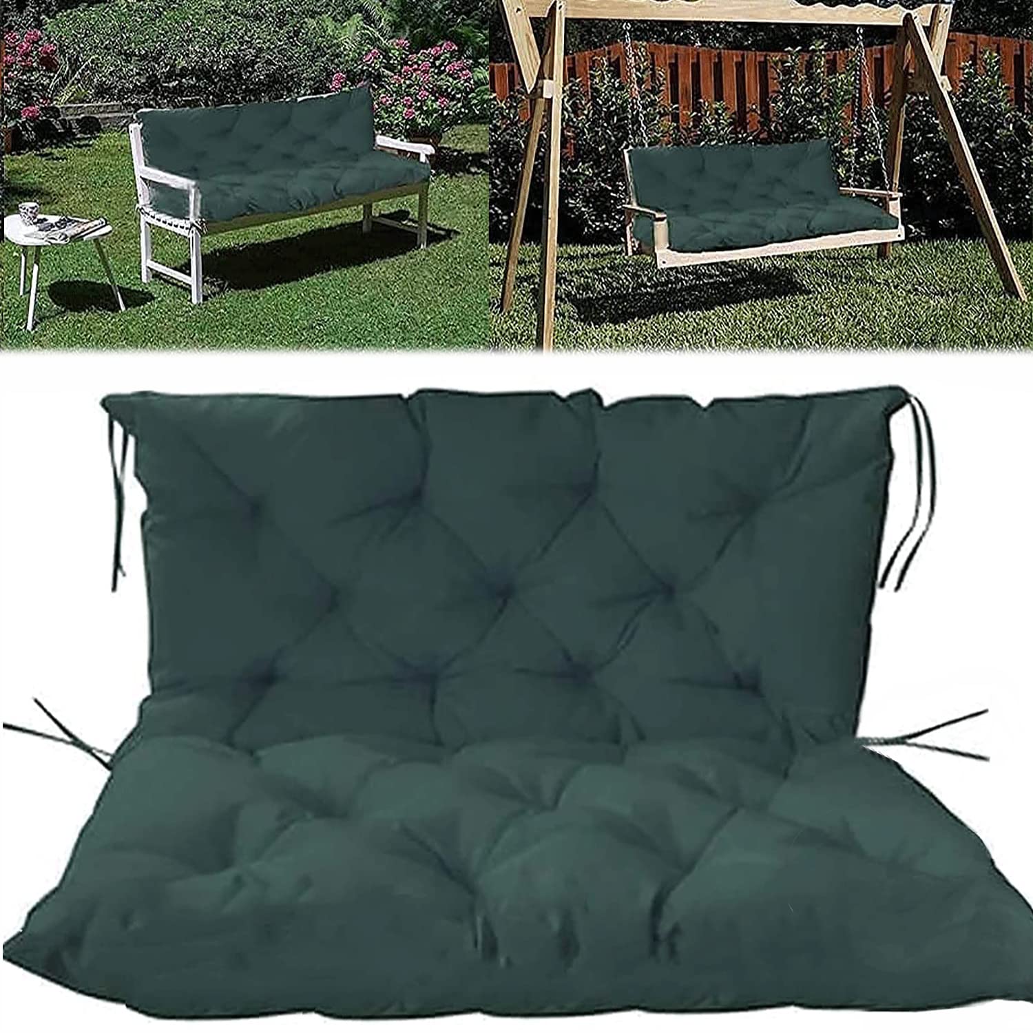 **Outdoor Bench Swing Cushion - 3-Seat Waterproof Garden Cushion with Backrest & Non-Slip Ties - Dark Green 40x59 Inch - Perfect for Porch, Patio & Backyard Relaxation**