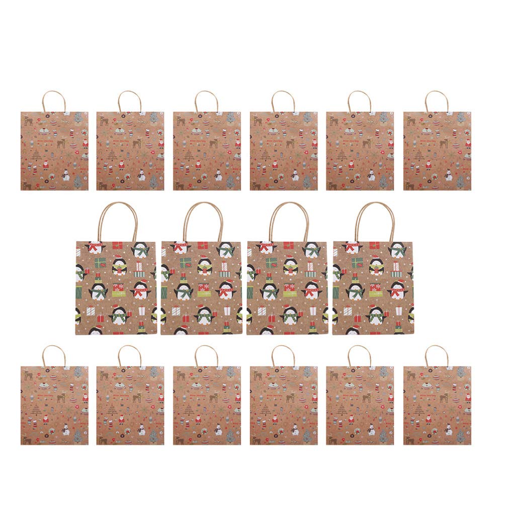Healifty 16pcs Christmas Gift Bags with Handles - Kraft Paper Shopping Bags for Holiday Party, Candy & Cookie Packaging - Brown Eco-Friendly Gift Bags (Random Styles) - Perfect for Xmas Presents, Birthday Gifts & Retail Packaging