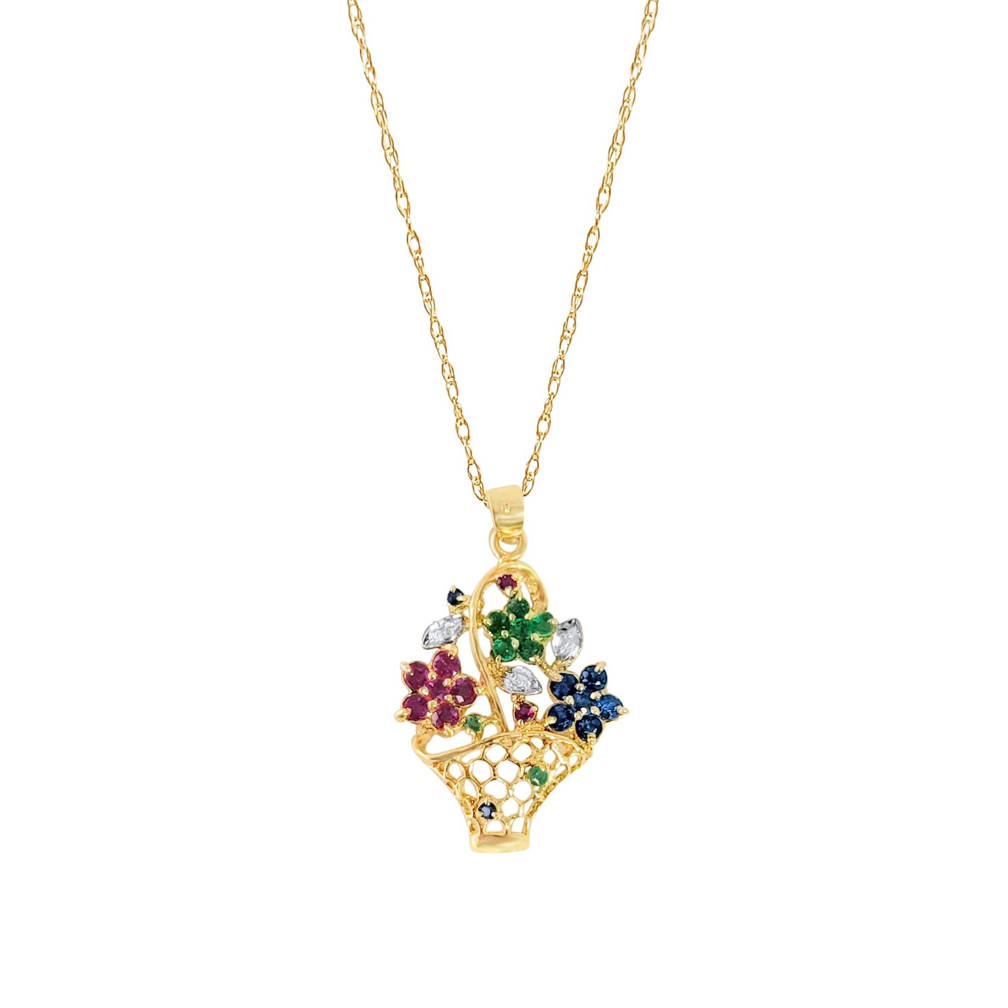 1.00cttw Emerald Sapphire Ruby Flower Basket Pendant in 14K Yellow Gold - Perfect for Anniversary Gifts & Special Occasions