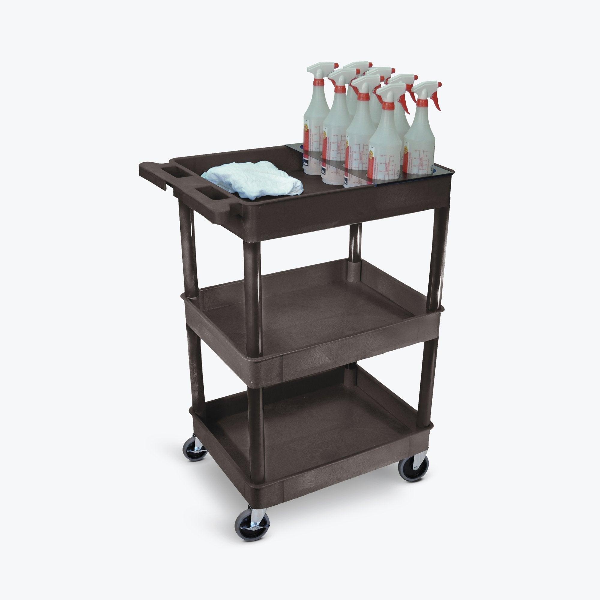 LUXOR STC111H B Utility Tub Cart with Bottle Holder - Heavy Duty Rolling Service Cart for Kitchen, Salon, or Commercial Use - Perfect for Transporting Cleaning Supplies and Equipment