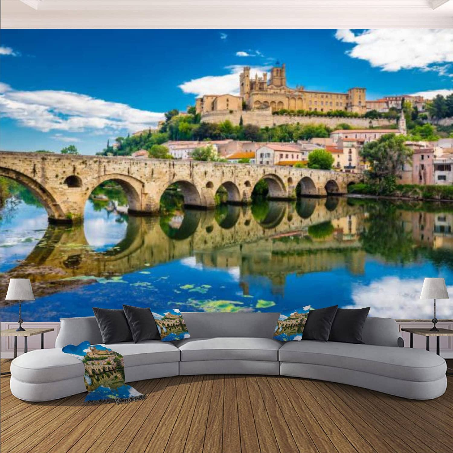 3D Old Bridge Cathedral Beziers France Peel and Stick Wallpaper - Modern Removable Self-Adhesive PVC Wall Mural Stickers for Living Room, Bedroom Decor | Perfect for Home, Office & Rental Spaces