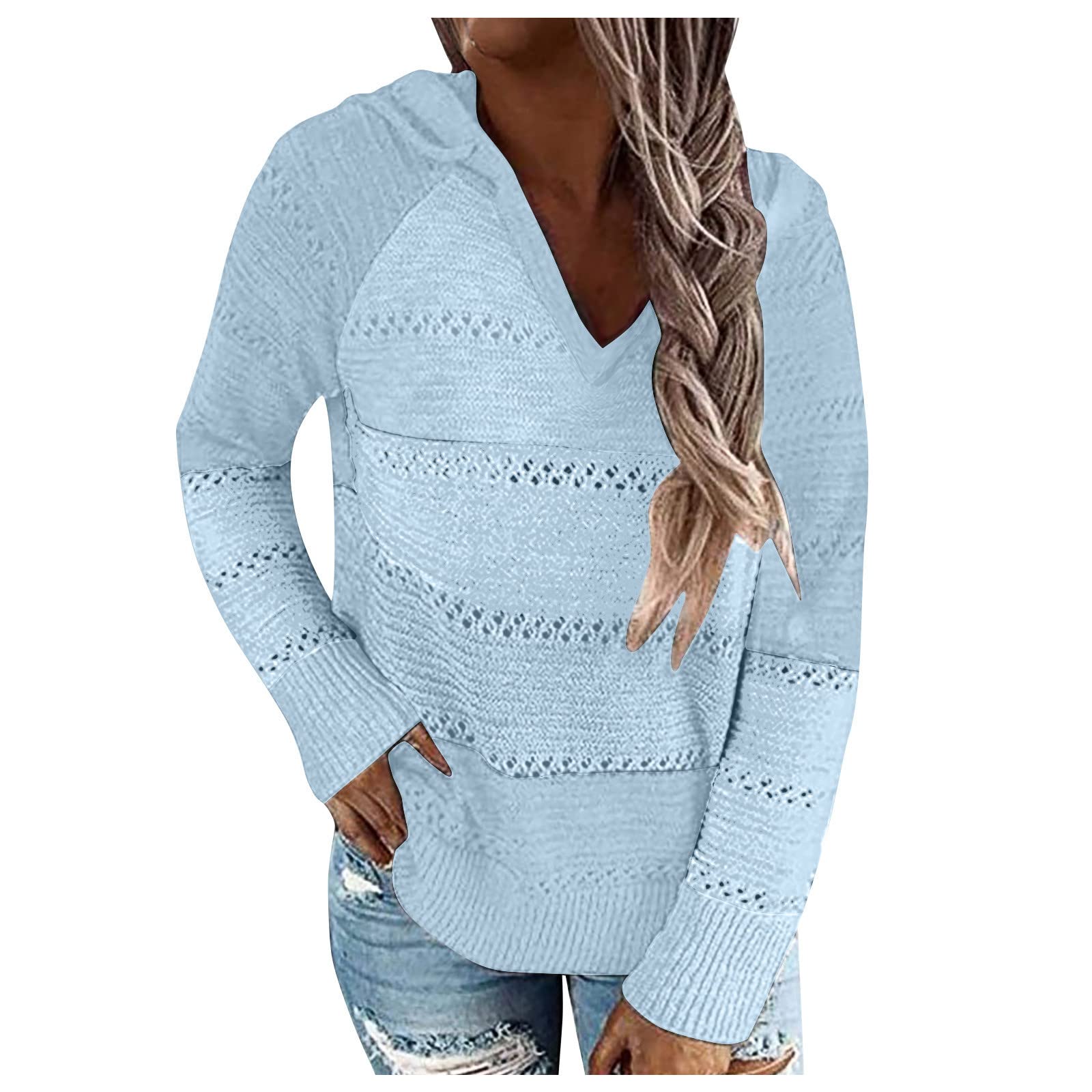 EOPUING Women's Lightweight Hooded Sweater - Casual Knit Pullover with Drawstring & Color Block Design | Perfect for Autumn Layering, Weekend Outfits & Cozy Fall Fashion