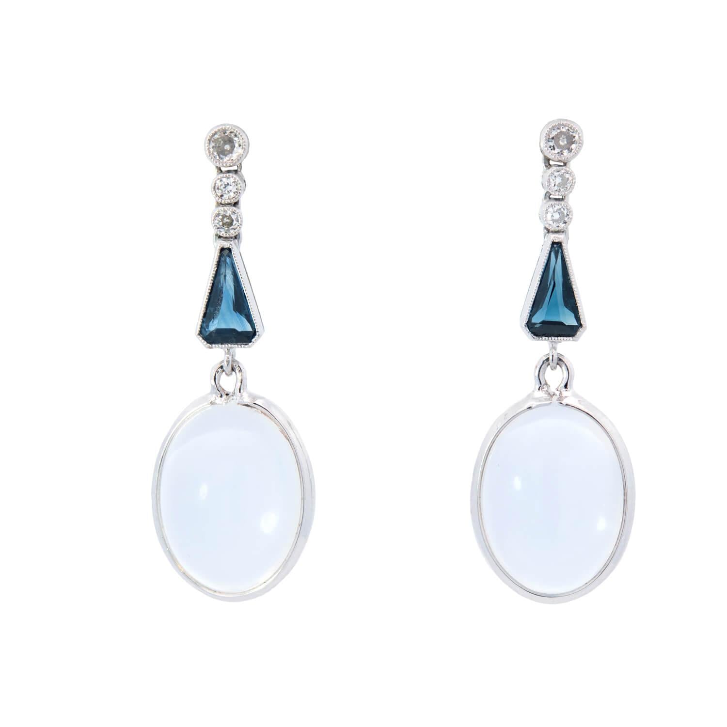 Art Deco Platinum Moonstone Sapphire Diamond Earrings - Vintage Style Dangle Earrings for Women, Perfect for Weddings, Parties & Evening Events