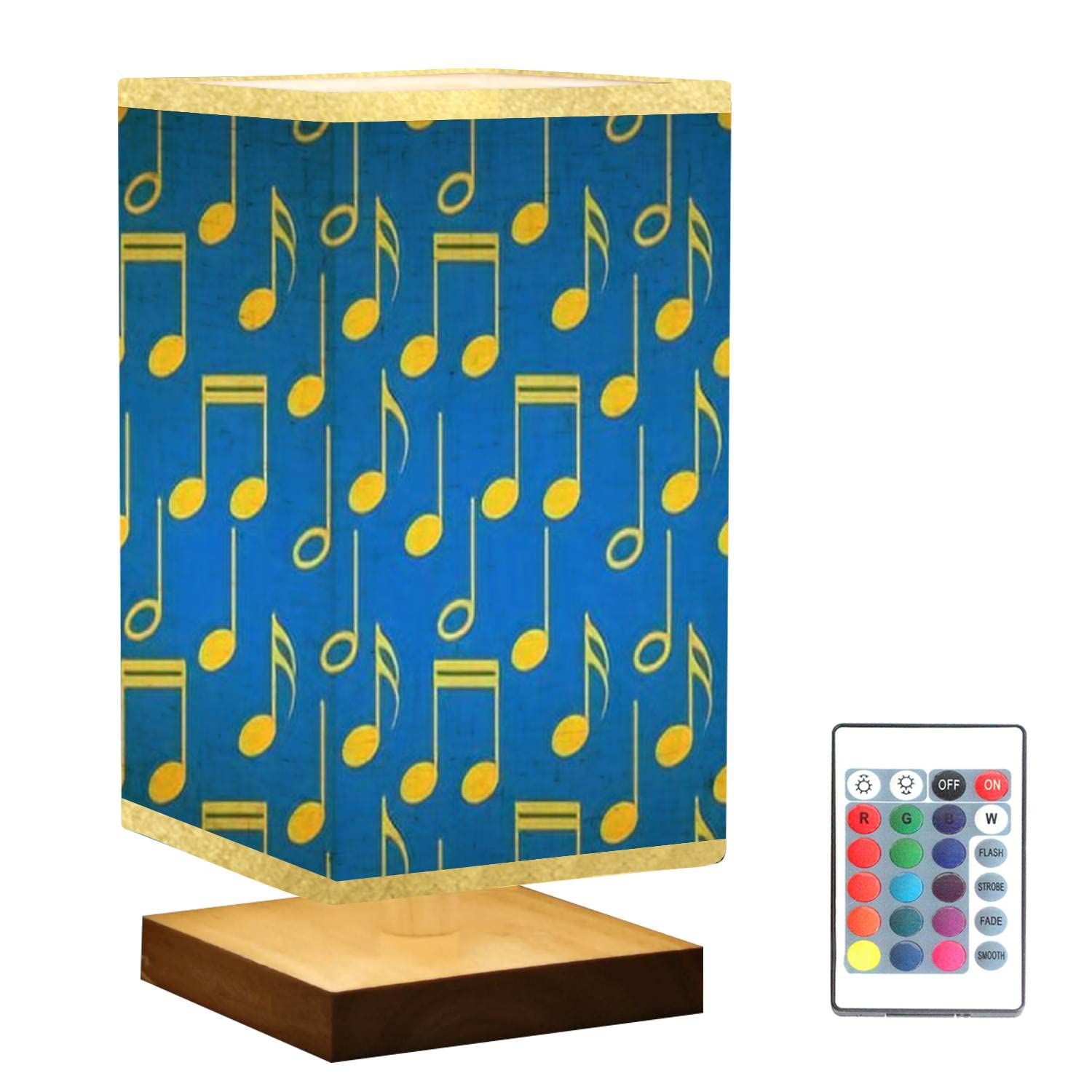 Square Bedside Table Lamp with Musical Notes Design - Blue & Yellow Seamless Cute Nightstand Light with Wooden Base & Flaxen Fabric Shade | Dimmable Desk Lamp for Bedroom, Living Room | Perfect for Reading, Relaxing & Home Decor