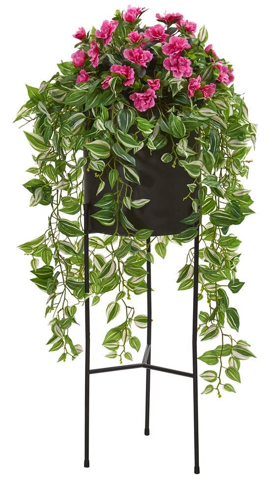 Nearly Natural 4ft Artificial Azalea Silk Plant with Wandering Jew in Black Planter - Pink Flowers for Home, Office, and Wedding Decor