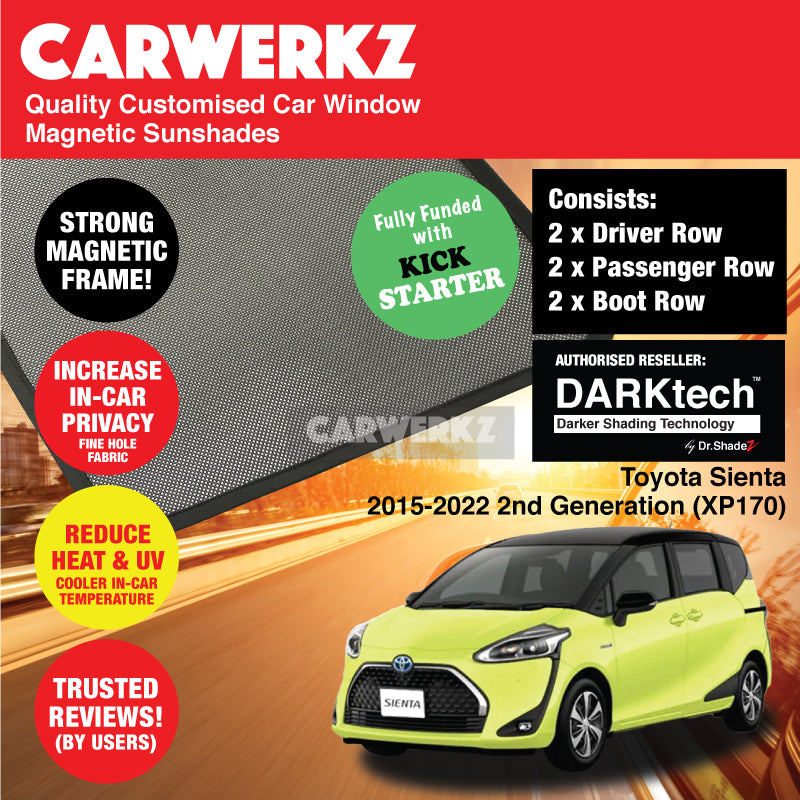 Dr Shadez DARKtech Magnetic Car Window Sunshades for Toyota Sienta 2015-2022 2nd Gen (XP170) Japan MPV - Custom Fit UV Protection for Driving, Travel & Parking