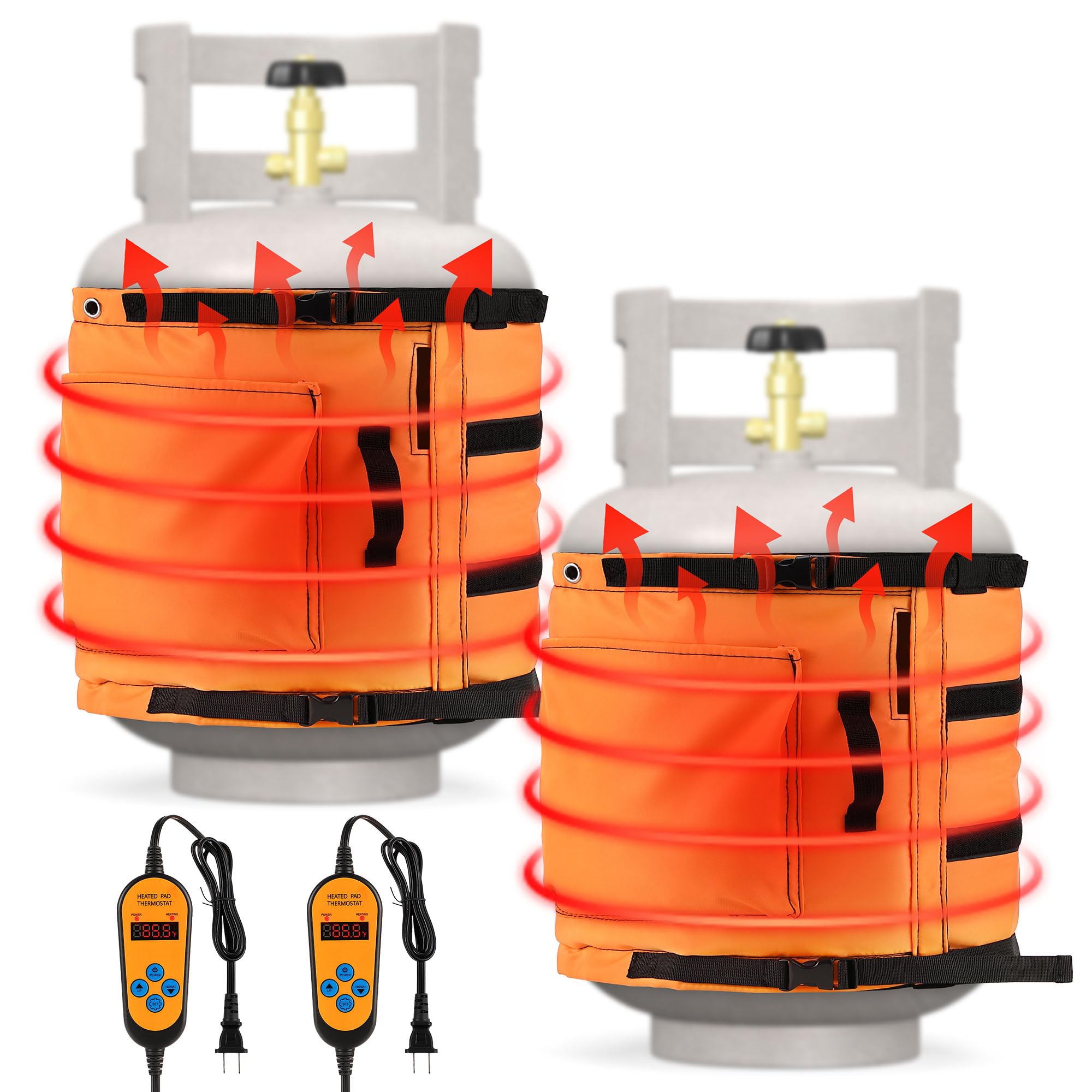 2 Pack Propane Tank Heater Blanket with Adjustable Thermostat (41-122°F) - Compatible with 5-40LB LP Gas Cylinders - Winter Heating Solution for Outdoor Camping, RV Trips & Patio Use - Orange Insulated Warmer Cover