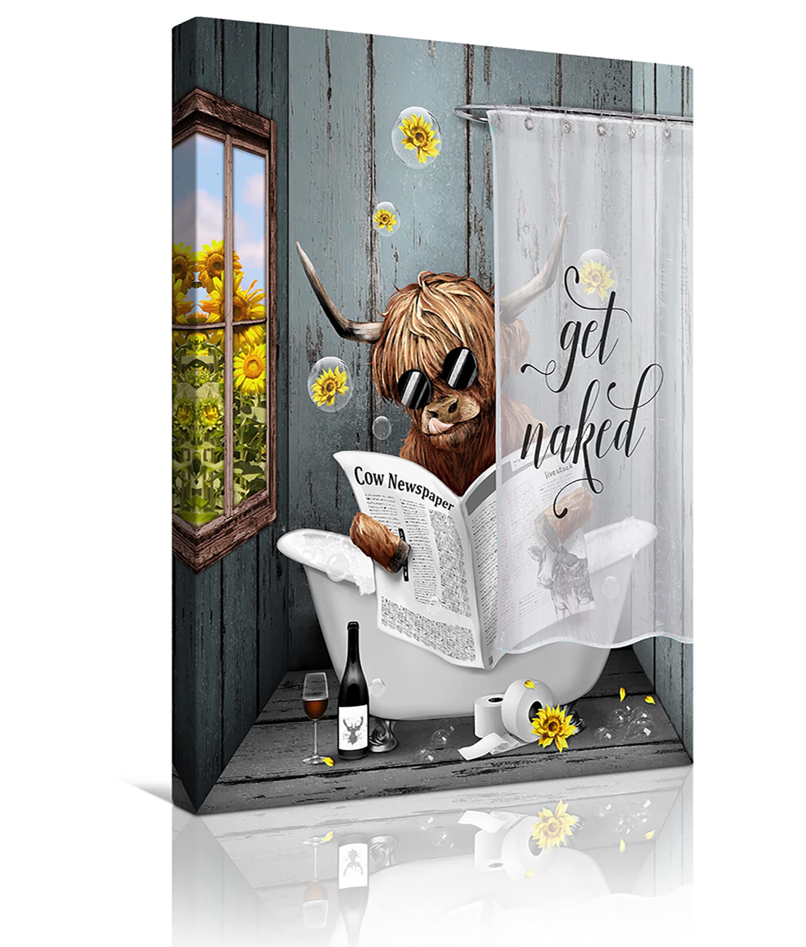 Highland Cow Wall Art - Funny Farmhouse Bathroom Decor with Cows Reading Newspapers in Bathtub - Rustic Animal Canvas Print - Framed Ready to Hang 16x20 Inches - Perfect for Bathroom, Living Room or Country Style Home Decor